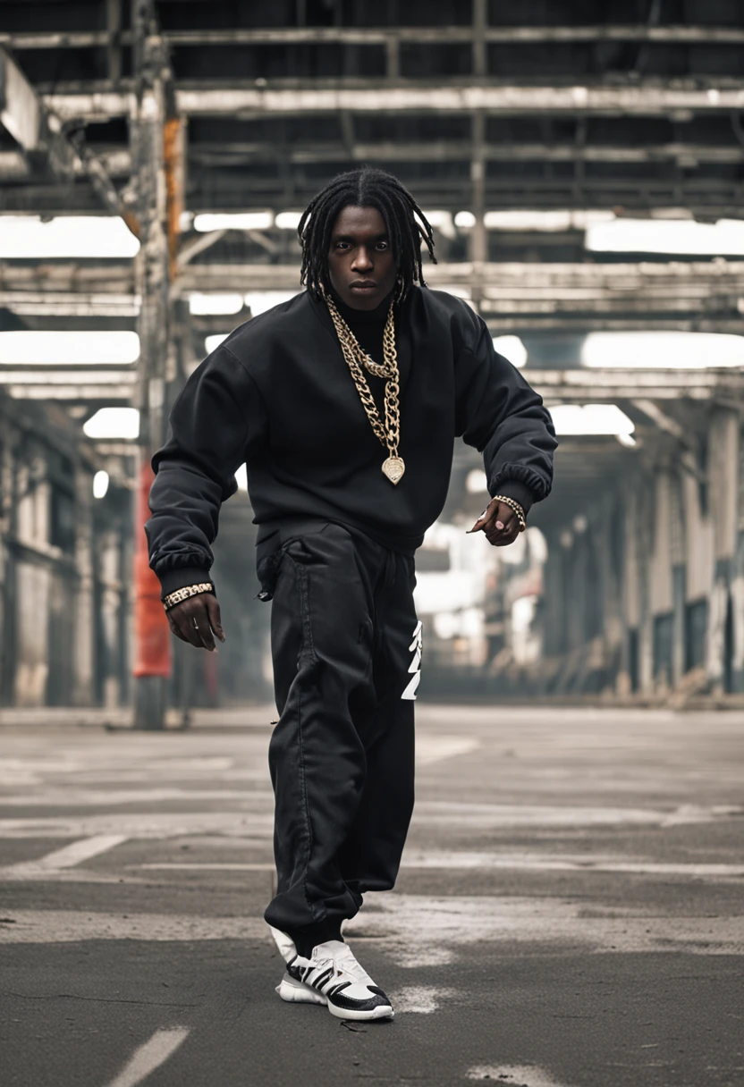 dark-skinned boy, black long hair, adidas turtleneck jacket, heavy chain necklace, badass pose