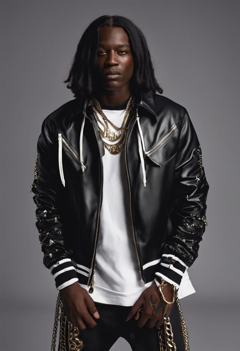 dark-skinned boy, black long hair, adidas turtleneck jacket, heavy chain necklace, badass pose