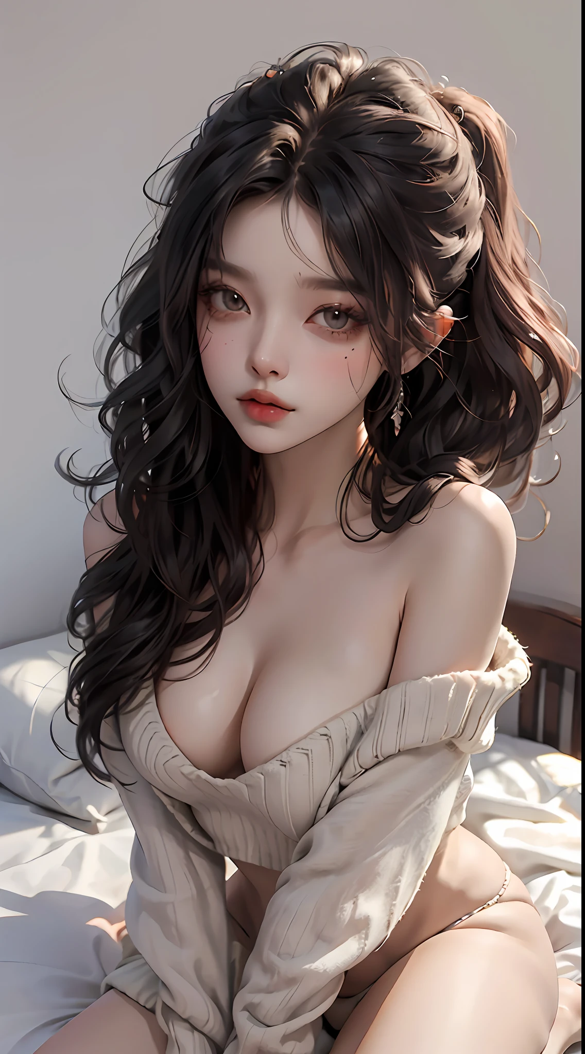 White background, 4K, Masterpiece, highres, absurdres, bare breasts, bare shoulder, bare thighs, fur , a girl wearing thick off shoulder sweater, kneeling on the bed, black wavy hair, lust, lewd eyes, shy, shy look, seductive, sexy pose, very large boobs, ultra detail face