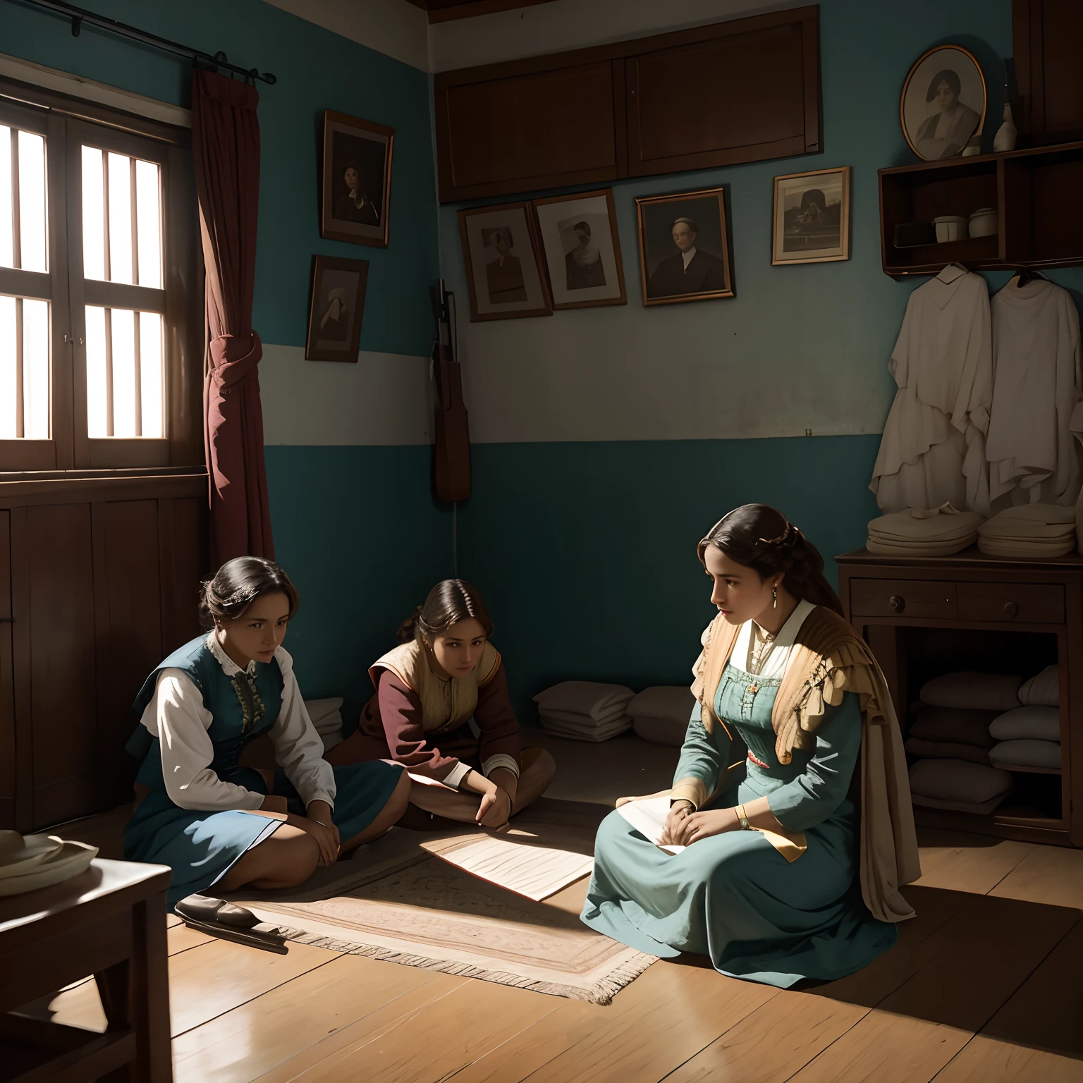 There are three women sitting on the floor of a room, Realistic photo of the nineteenth century, detalhada, cinematic, imagem realista