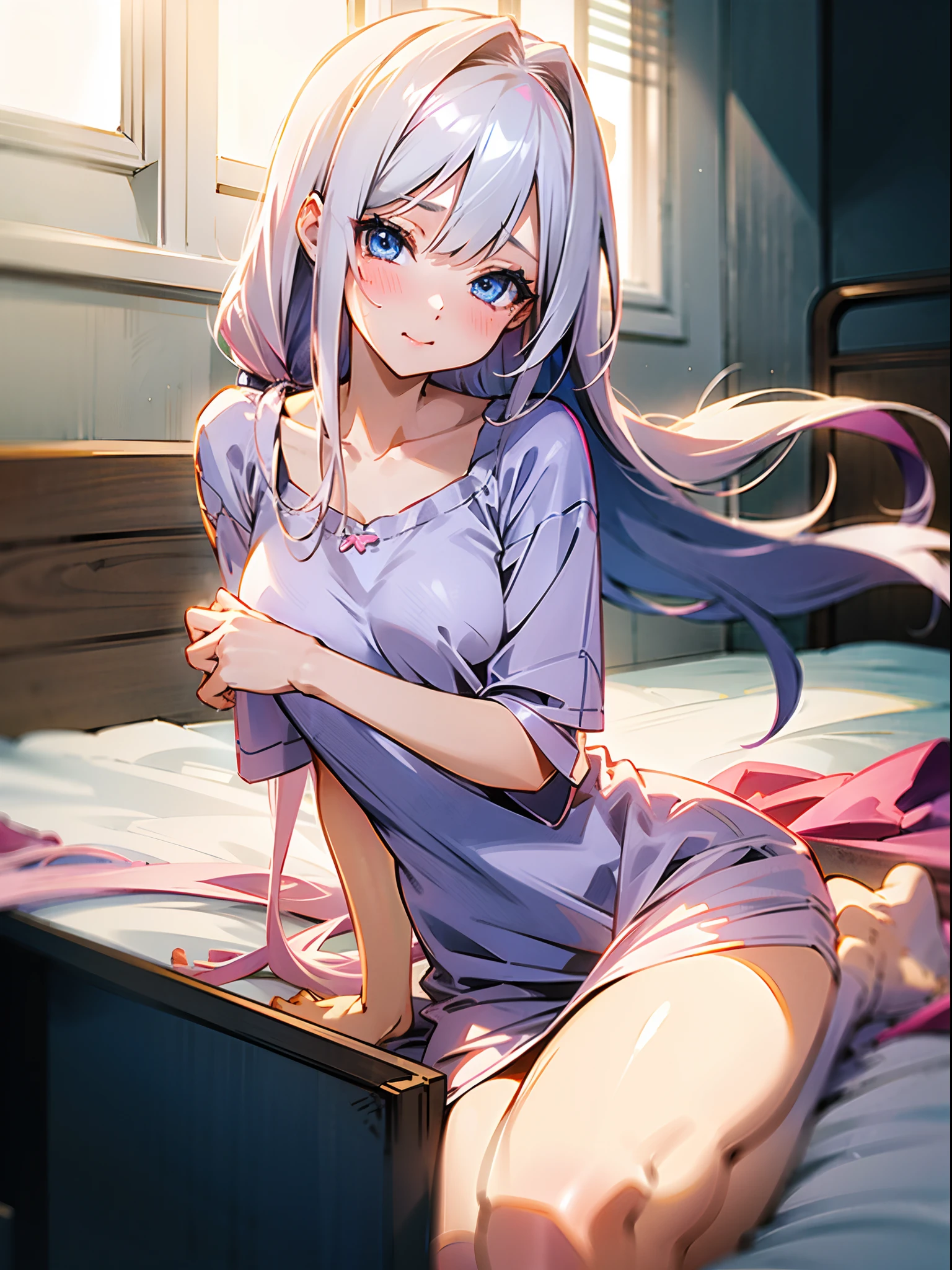 Anime girl with white long hair, blue eyes, wearing stingy pink sleepdress, white hairs, pink dress, night, bedroom, cute face, ultrasharp 8k seductive girl, perfect eyes, seductive girl
