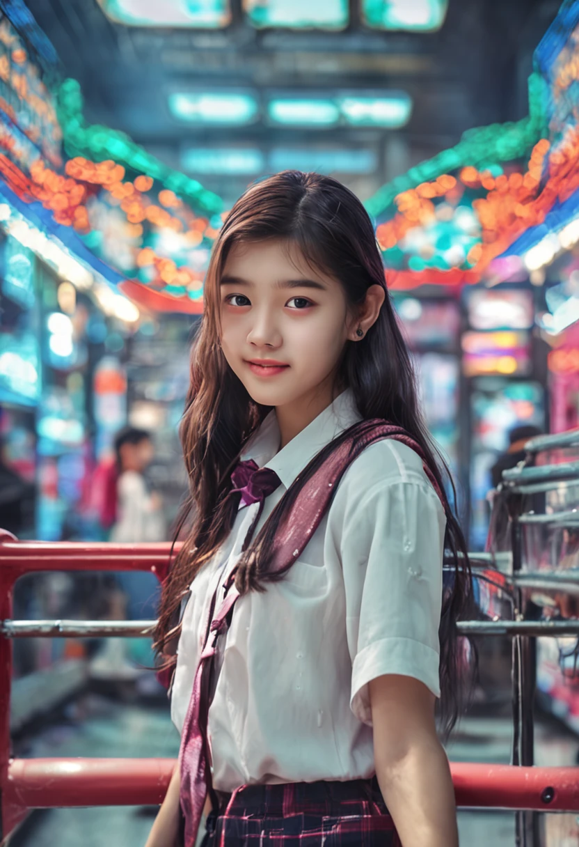 "Image Quality: 8K (Best Quality Scale: 1.2), Artistic Style: Realistic, Photorealistic Factor: 1.37, Clarity: Ultra High Definition, Subject: Teenage Girl (16 yrs old) back, Damp Hair, Context: Amidst Colossal Dalsefo,neon color, Pleasant Smile, Korean white school uniform