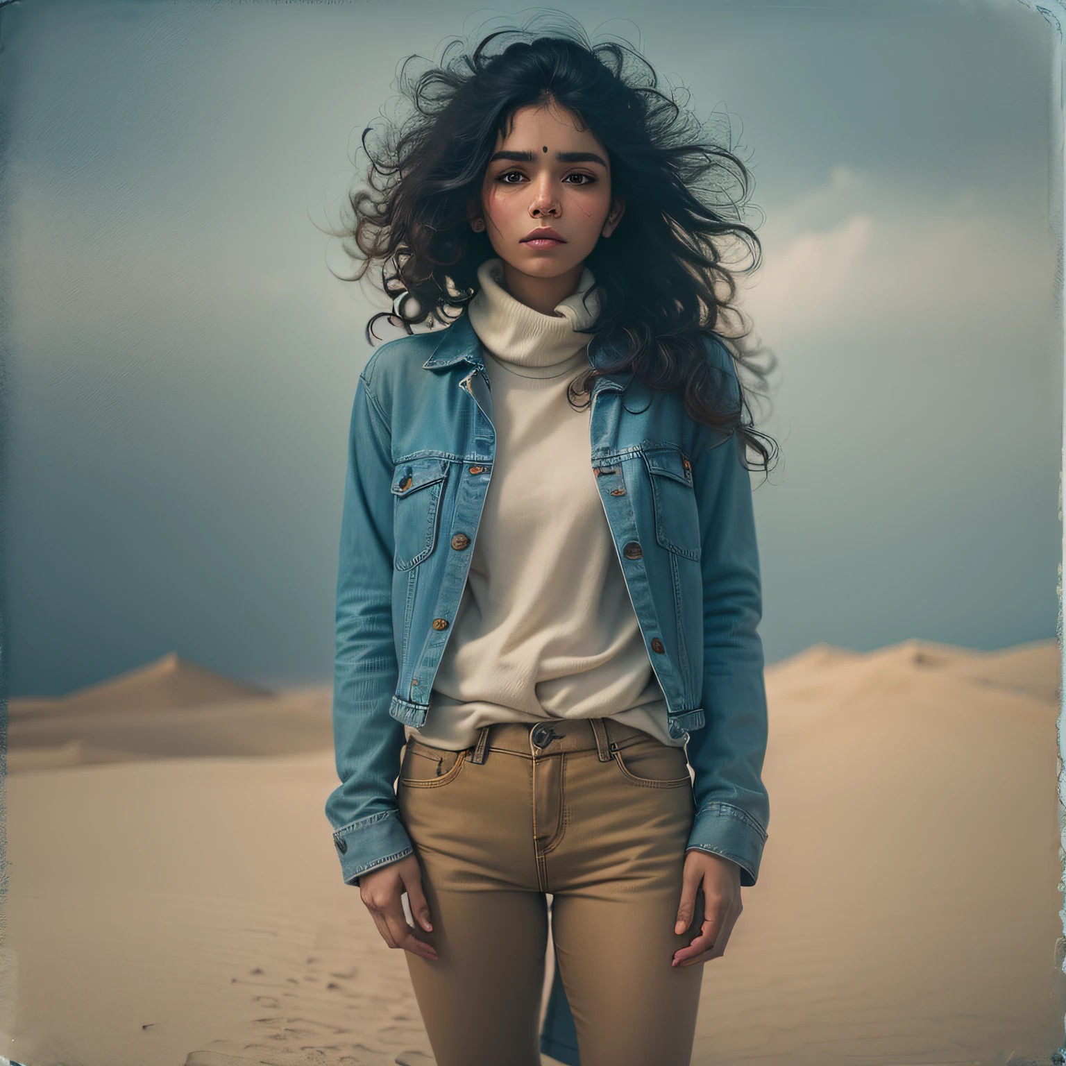 Portrait of an Indian woman with curly hair styled in a messy bun, mignon, dressed in blue jeans, corps complet, Photographie mate, peau brune, softlighting, humeur ambiante, Stunning and clean photography, Kodak Film, Leica, Aesthetic inspiration of the dunes, Metropolis inspired, Oleg Oprisco et Todd Hido --ar 5:8 --s 450 --v 5.2