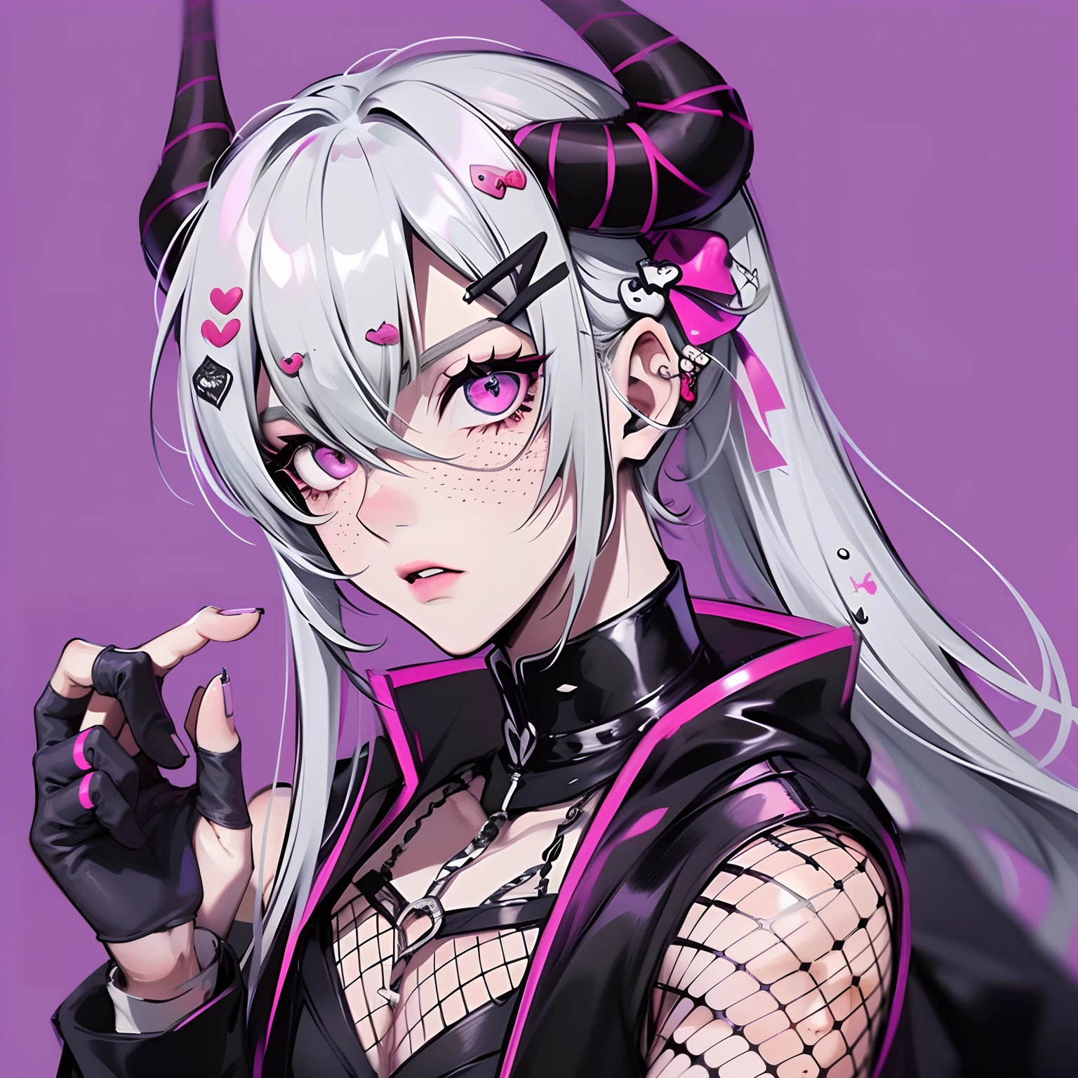 1boy, Dressed in Gothic black and purple, Decorative accessories, Many hairpins, fishnet gloves, Simple background with pattern, Strawberries and cherries are part of the theme, Cute perfect face, Big eyes, Serious expressions, There are devil's horns and tails, Young male, Male focus