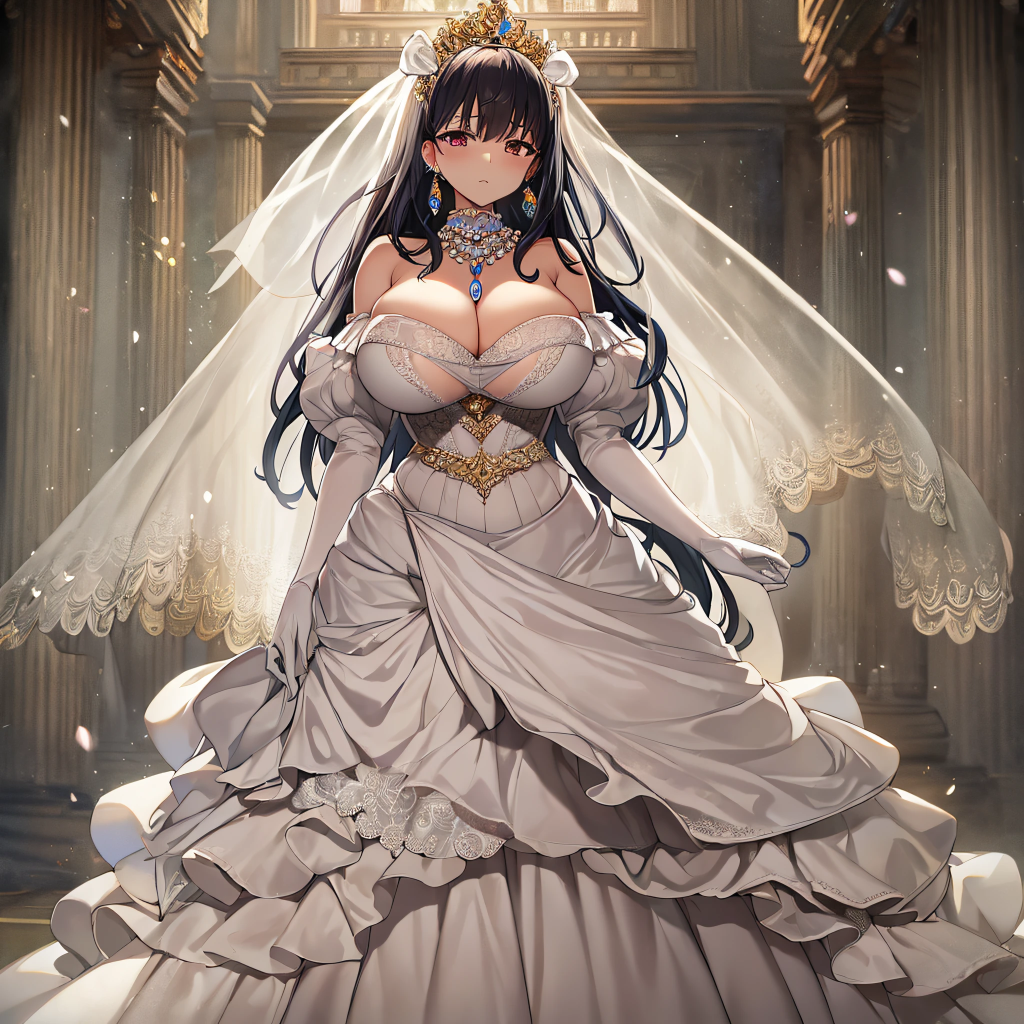 anime artstyle,Best quality, Masterpiece,Solo,full body,princess as a royal bride wearing a stately and elaborate royal wedding dress of white satin and tulle adorned with huge ribbon bows,(gigantic tits,Long tits,skindentation),lace, frills, flounces, gorgeous embroidery and jewels, with enormous puffed sleeves, an hourglass waist and a voluminous crinoline hoopskirt,long train, long white gloves, pearl necklace and earrings,long wedding veil,(rarge amount of straight hair,extremely Long voluminous Hair)