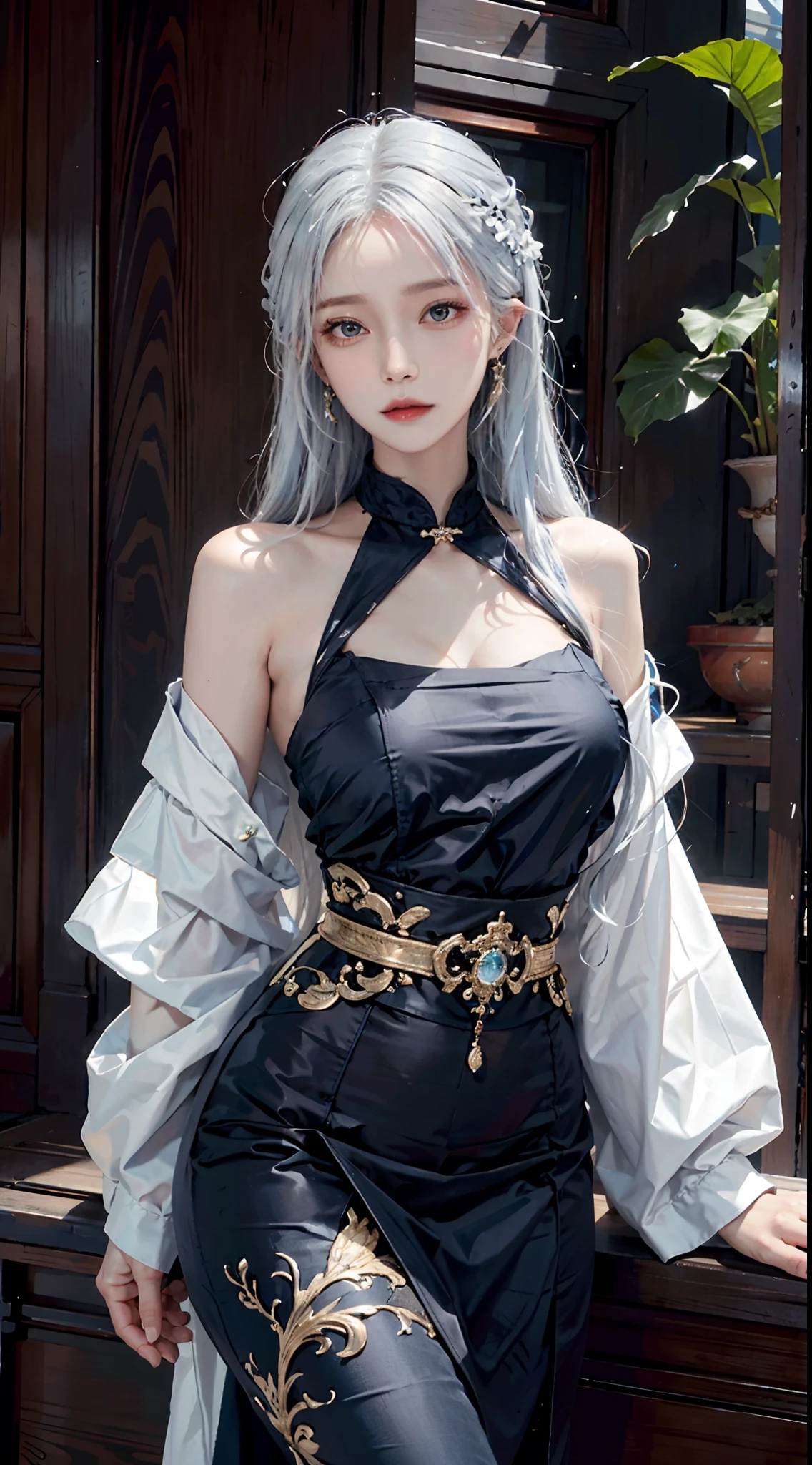 A woman with blue hair and a black dress posing for a picture - SeaArt AI
