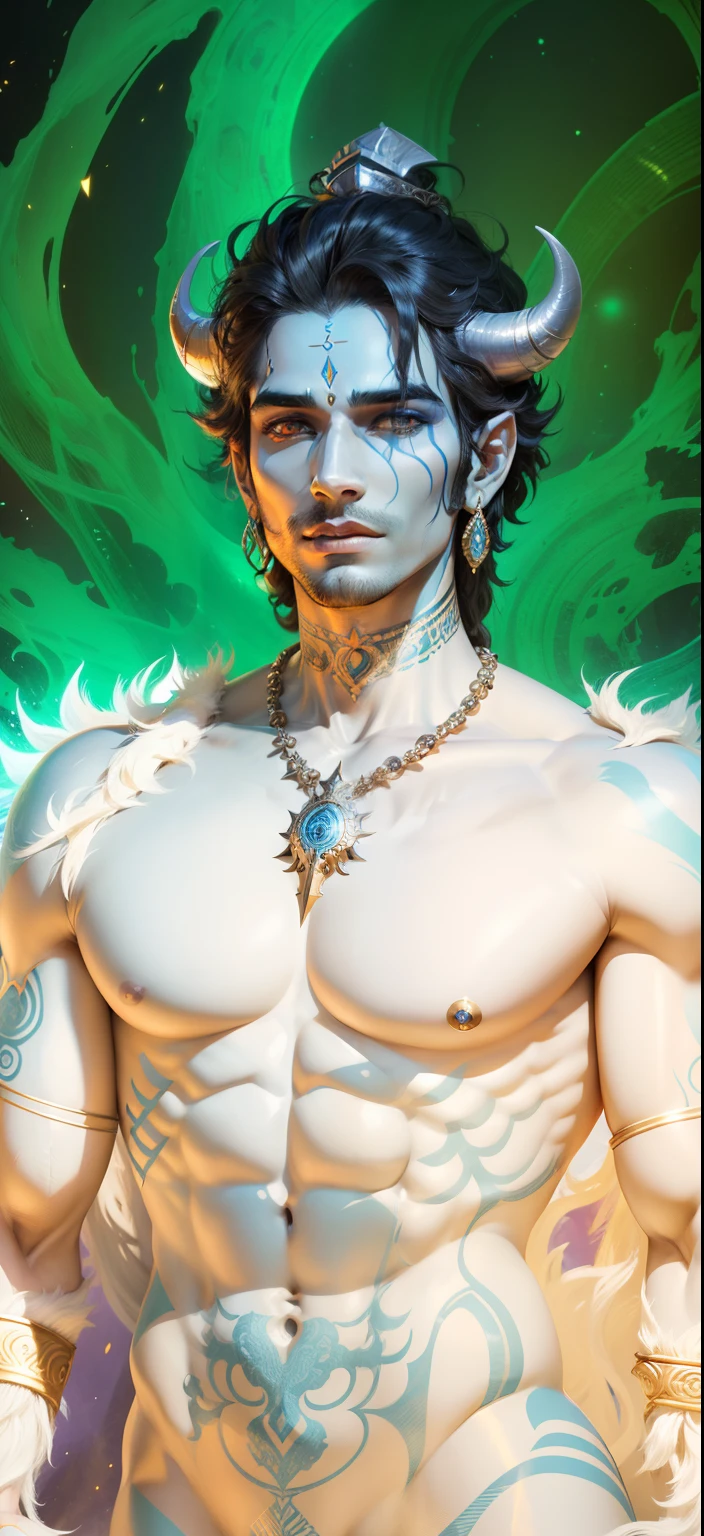 a full body naked shiva, lord shiva, god shiva the destroyer, hindu god, inspired by Kailash Chandra Meher, attractive male deity, cyborg hindu godbody, indian god, devainart, blue djinn, vishnu, serene expression, goddess close-up portrait, with horns, closeup portrait shot