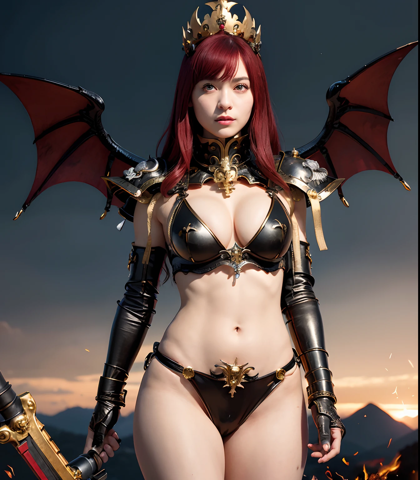 (masutepiece), Professional , ​masterpiece、top-quality、photos realistic , depth of fields （Dragon Black Metal Body:1.９),(Matte Black、（cleavage of the breast）、Dragon Gold Weapon、（bikini-armor),Gorgeous gold weapons ,（（ Dragon's dense and gorgeous sword）） , Beautiful knife   ,warhammer 40k , adepta sororitas,Detail and gorgeous crown、（（Red hair））、（Castle background）、The dragon、（（Gangle's forest background））、Beautiful Caucasian beauty、（１a person）、dynamic ungle,(((Detailed and ornate Black Devil Crown)))、Smaller head、Strange smile、Castle background、Thin and beautiful female hands、cleavage of the breast、Soldier in iron armor on background、Mystical expression、Light Effects、intense fighting、Wind-effect、magic circles、With the legendary magic wand、（demonic wings）、