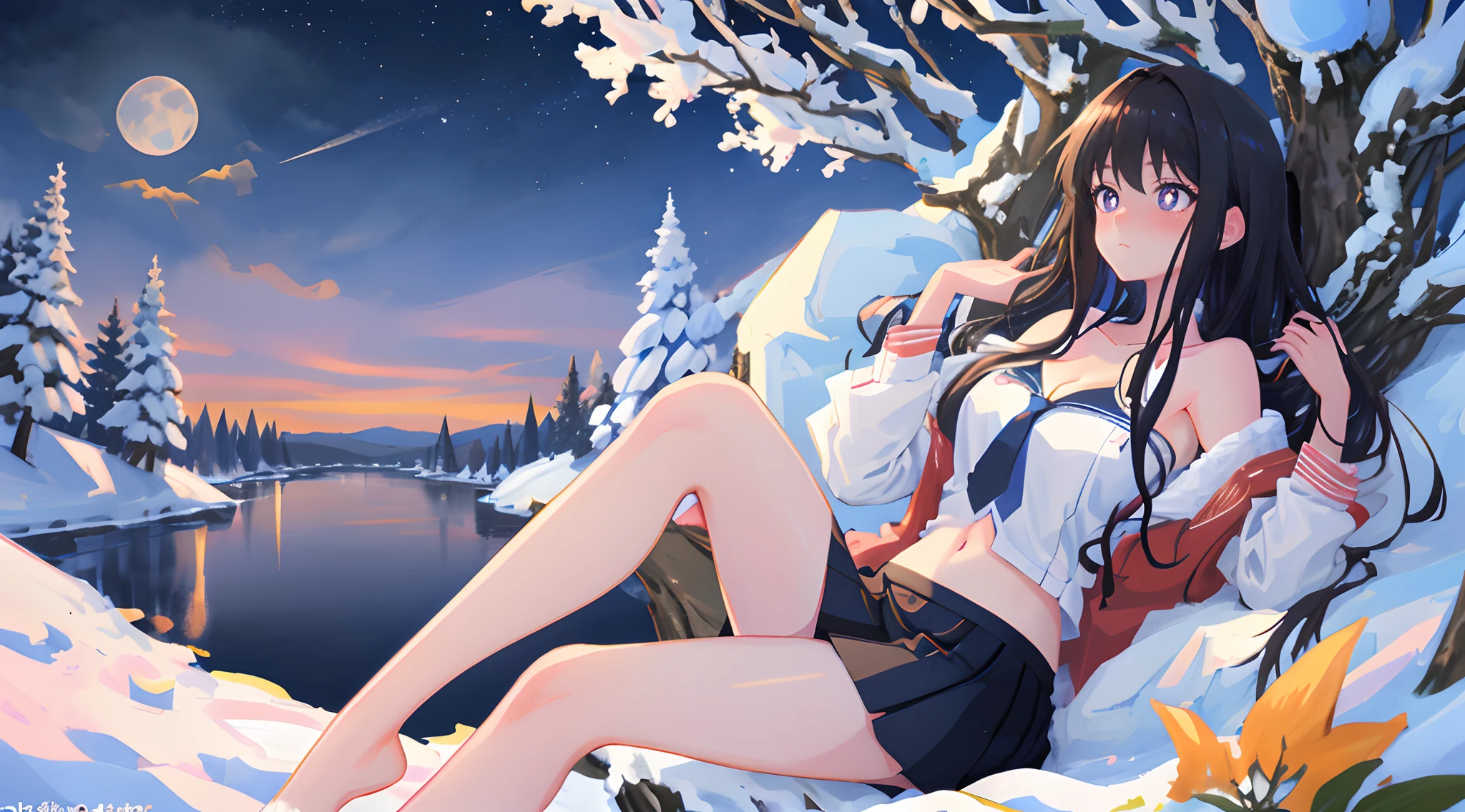 Inoue Takina, Long hair, bangs, Black hair, Purple pupils，short  skirt，Bare legs，Extreme，Bare body，Expose the collarbone，Bare shoulders，Bare chest，Crop top，Bare crotch，A long and wide river，the night，sitting under a cherry tree，Falling snow，snowfield，Thighs facing inward，Wide sky，small moon，Intricate clouds，Unfasten collared shirts and ties，Picturesque night view of the city，The characters are naked，Cruise ships coming and going，mediuml breasts，Bare breasts，beautiful countenance，Cinematic texture，Anime art wallpaper 8k, Beautiful anime girl, 4k manga wallpapers，Detailed，The sky passes through meteors，Masterpiece，Detailed light，illustration，Petite body，Beautiful detailed eyes，shyexpression，Caress your thighs，On extremely refined Cg ,Highly detailed,(Masterpiece)), Dynamic Angle, (Best quality), Best shadow,Dynamic，Great snowfield，Hillside in the distance，flower  sea，winter，solo person，Naked of breast，perfect female shape，big breasts exposed cleavage，stereograms，shadowing，Ear blush，Lying on the snow