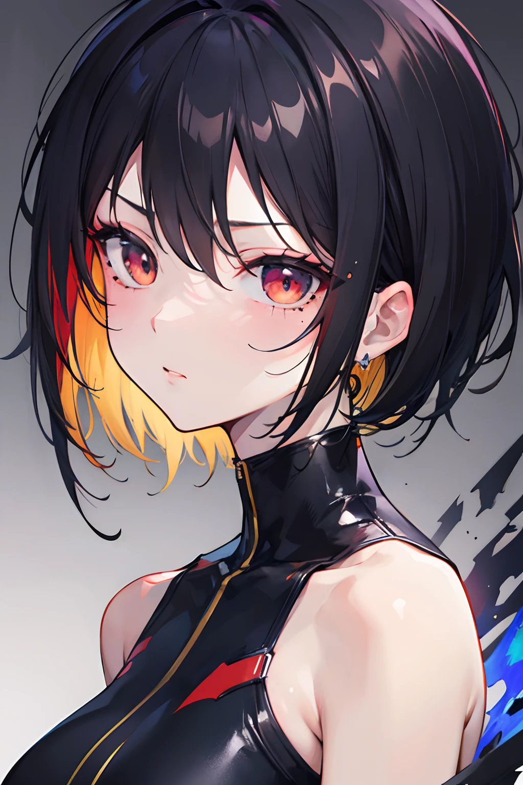 1 handsome and cool anime boy ,black hair, brown hair, multicolored hair, dark blue hair, asymmetrical hair, bangs, parted bangs, short hair, undercut, mole under eye, gradient eyes, red eyes, amber eyes, serious, Surrealism, anime, depth of field, cinematic lighting, 8k, super detail, masterpiece, anatomically correct, super detail, high details, high quality, award winning, best quality, highres, 8k, UHD