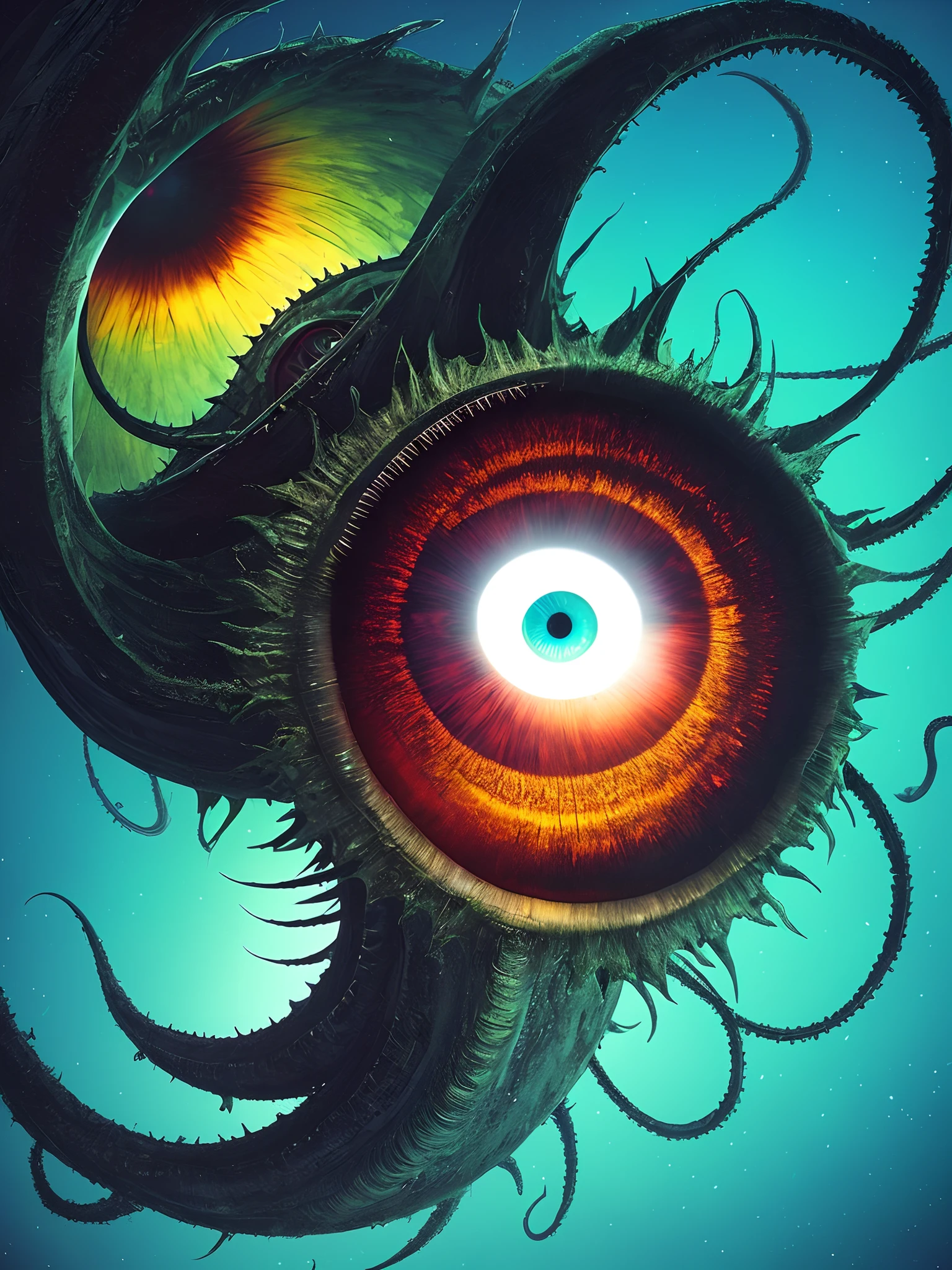 1 big eye, horrific, abstract art, highly detailed, (best quality,4k,8k,highres,masterpiece:1.2),ultra-detailed,(realistic,photorealistic,photo-realistic:1.37),HDR,UHD,studio lighting,ultra-fine painting,sharp focus,physically-based rendering,extreme detail dark colors,bokeh,surreal,dreamlike,hallucinogenic,iridescent,neon colors,glowing,kaleidoscopic,mind-bending,trippy,psychedelic patterns,abstract shapes,fluid forms,mesmerizing textures