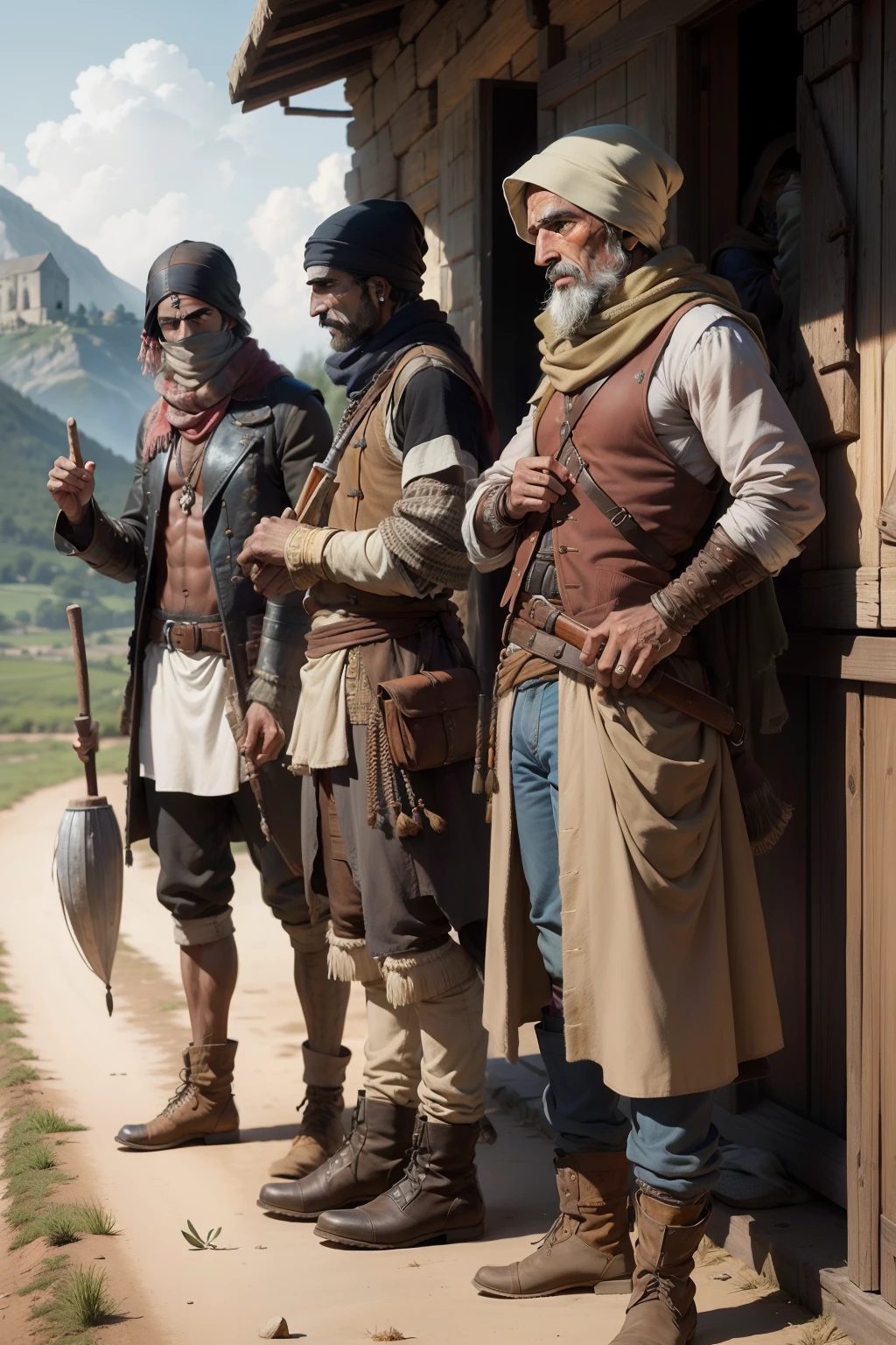 French bandits of the seventeenth century. Rustic men of rural appearance, suja e maltrapilha, wearing rough clothes and scarves on his face, armed with agricultural tools, pistolas e espadas