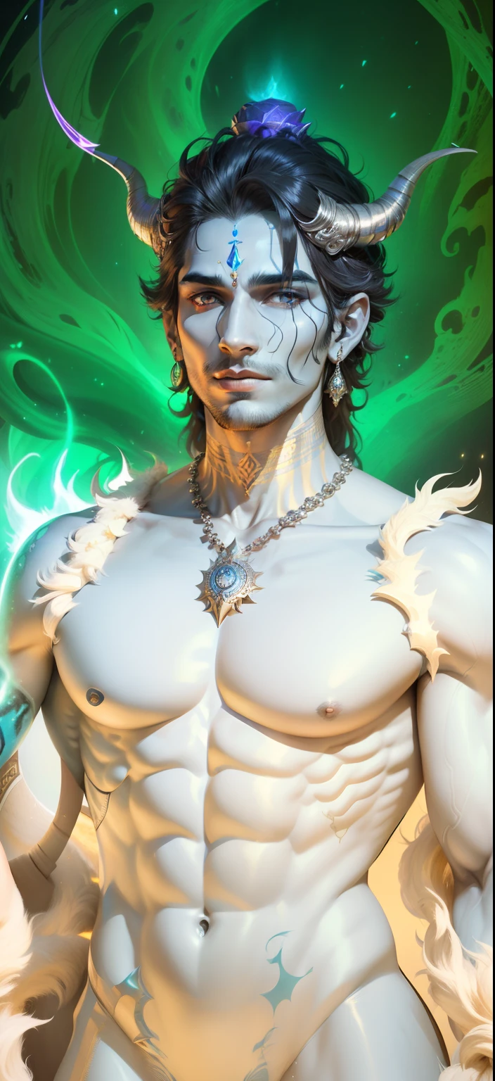 a full body naked shiva, lord shiva, god shiva the destroyer, hindu god, inspired by Kailash Chandra Meher, attractive male deity, cyborg hindu godbody, indian god, devainart, blue djinn, vishnu, serene expression, goddess close-up portrait, with horns, closeup portrait shot