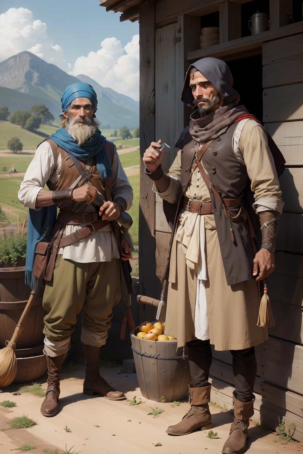 French bandits of the seventeenth century. Rustic men of rural appearance, suja e maltrapilha, wearing rough clothes and scarves on his face, armed with agricultural tools, pistolas e espadas