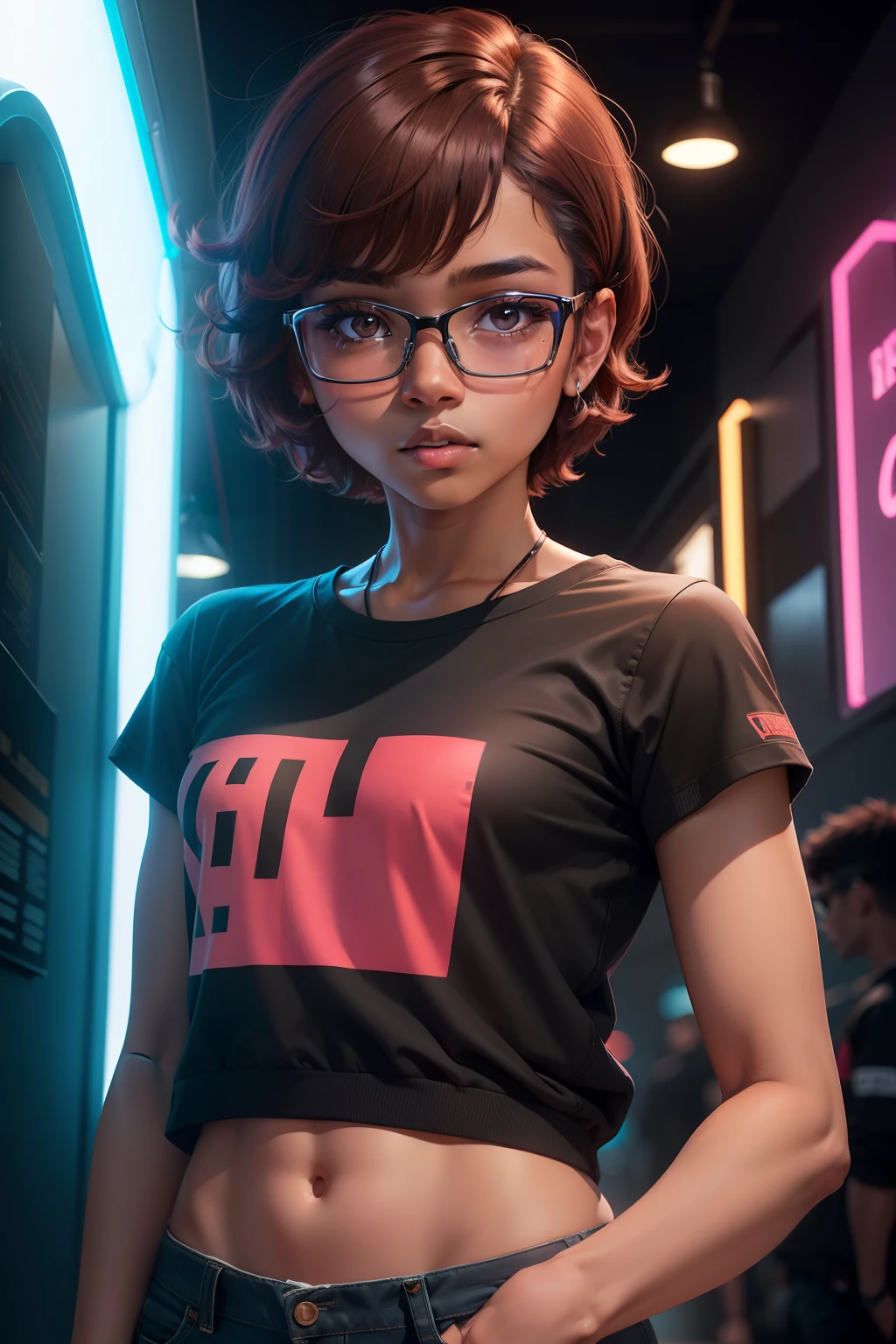 1girl, beautiful girl, brown skin, wearing eyeglasses, 20 years old, small mole on her left cheek, brown skin girl, small breasts, (short red hair) , (black eyes), realistic eyes, beautiful and big eyes), neon lights, neon girl, neon wallpaper, imaginary, 8k wallpaper, Light and cool lighting, photo realistic, Cel shaded, Gel lighting, ultra details, Boys clothes, wide clothes, masculine clothes