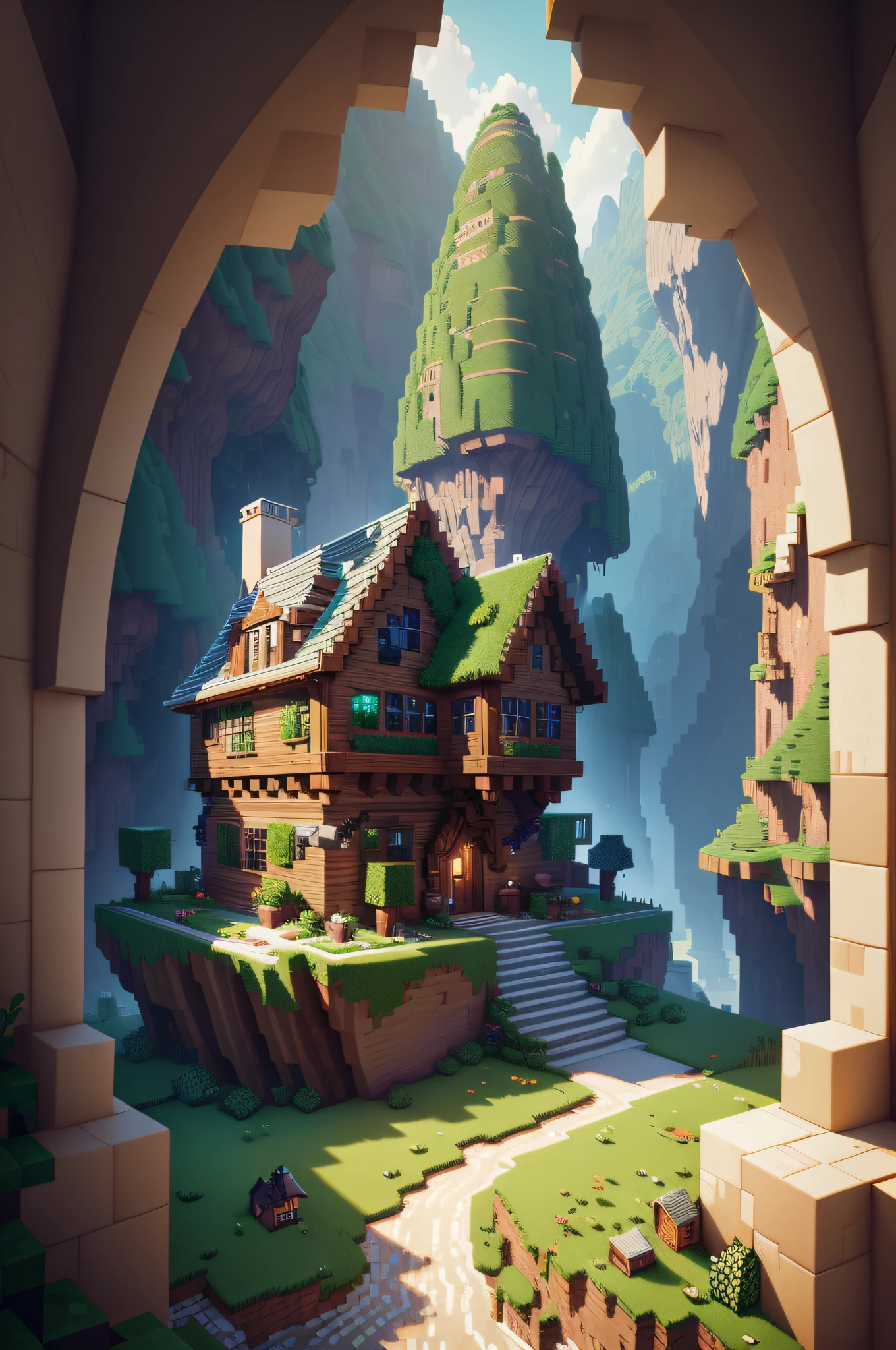 Masterpiece, best quality, high quality, extremely detailed CG unity 8k wallpaper, pixelart minecraft-inspired house inside of a mountain, cute, pixel, multiple houses, cave-like, mountain, home