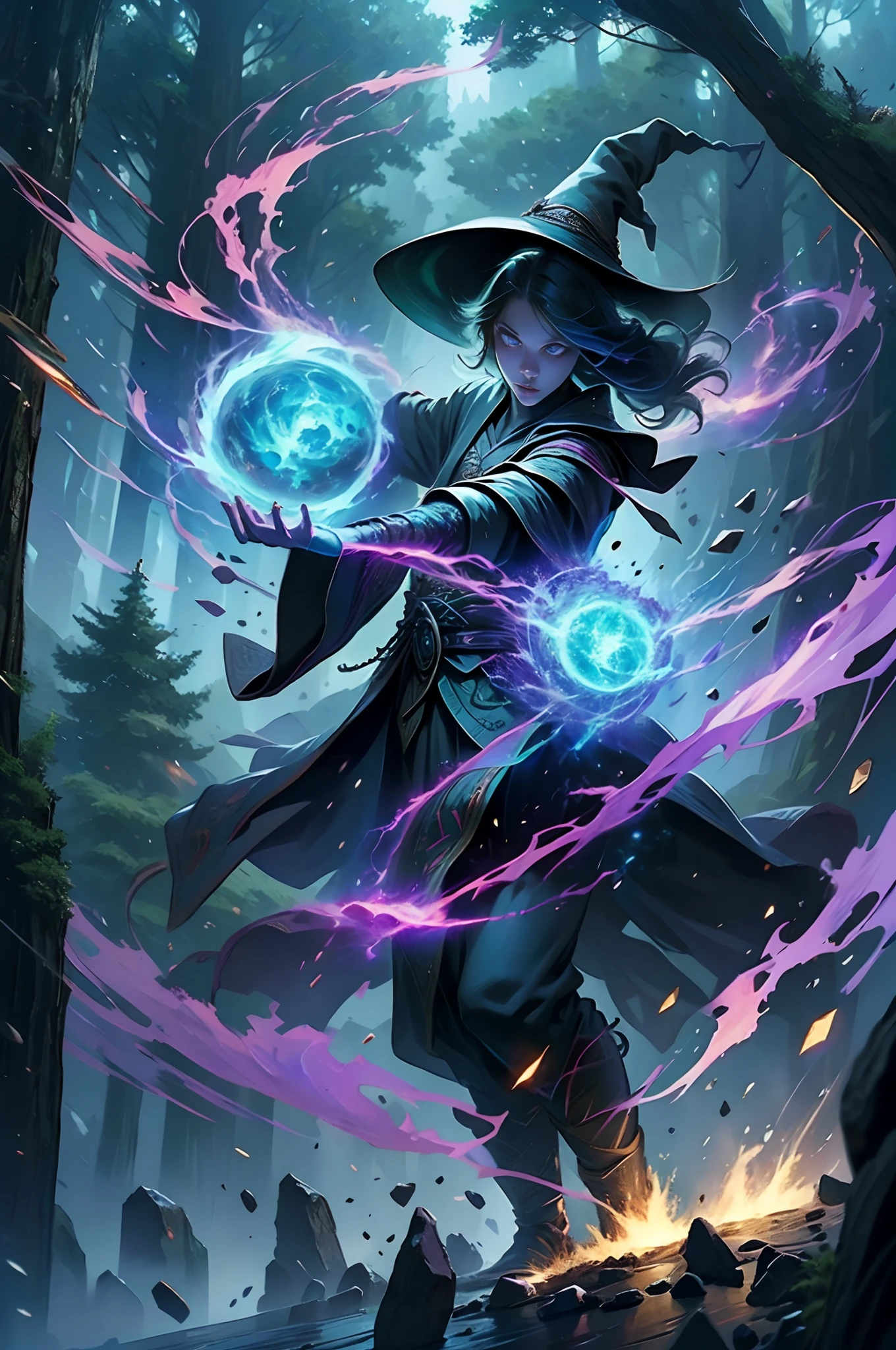 A traditional witch in a forest, at nighttime, conducting a magic ritual, magic power flowing around her, V0id3nergy, lightning strikes, particle effects, ray tracing, dynamic action, cinematic lighting, photorealistic, highres,