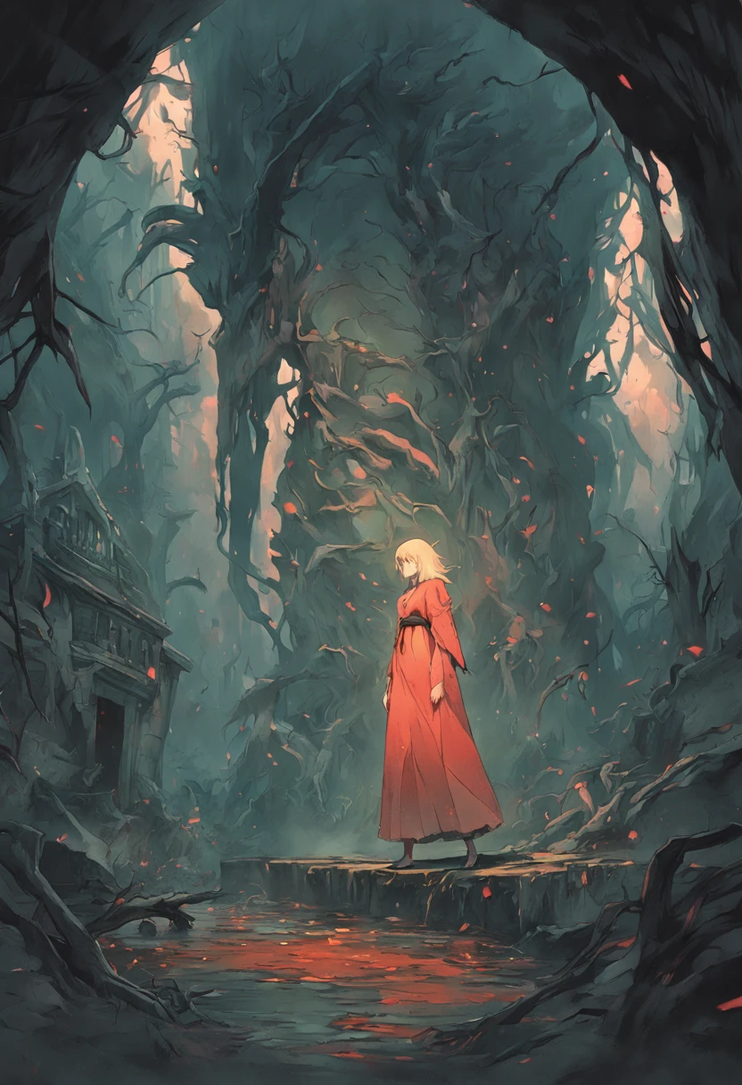 "A gloomy horror illustration based on an ancient Russian fairy tale with authentic characters in a dynamic scene"