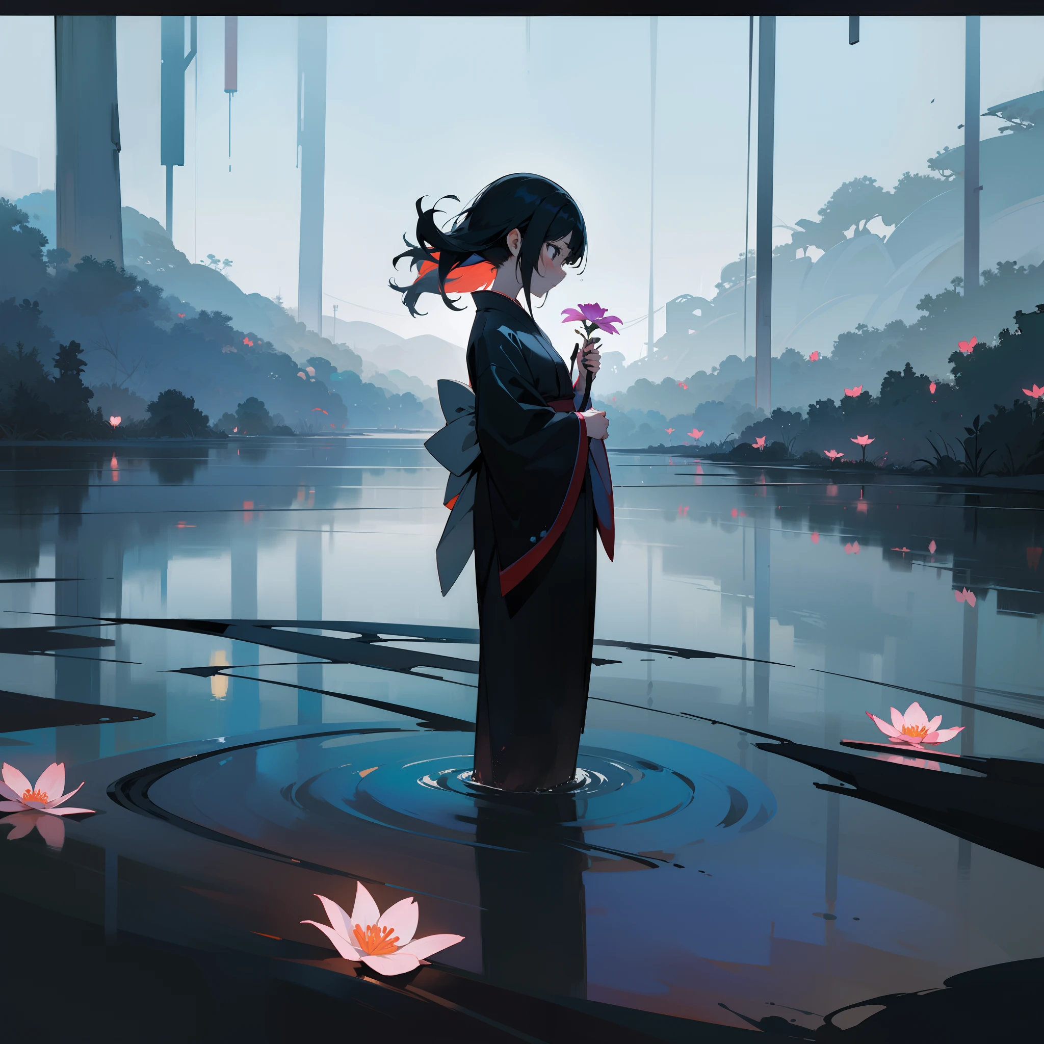 In the abyss of darkness、Woman in kimono standing quietly。In her hands、A single flower that gives off the last life is held。Although the color of its flowers is vivid、Glowing faintly in the darkness、Makes you feel the life that is disappearing。Women's eyes are、It is filled with sorrow and despair between life and death.、She herself seems to float on the border between this world and the other。The beautiful sight is、As if standing at the crossroads of the end and the new beginning、Trapped in a sad but fleeting time。Top image quality、Landscape painting
