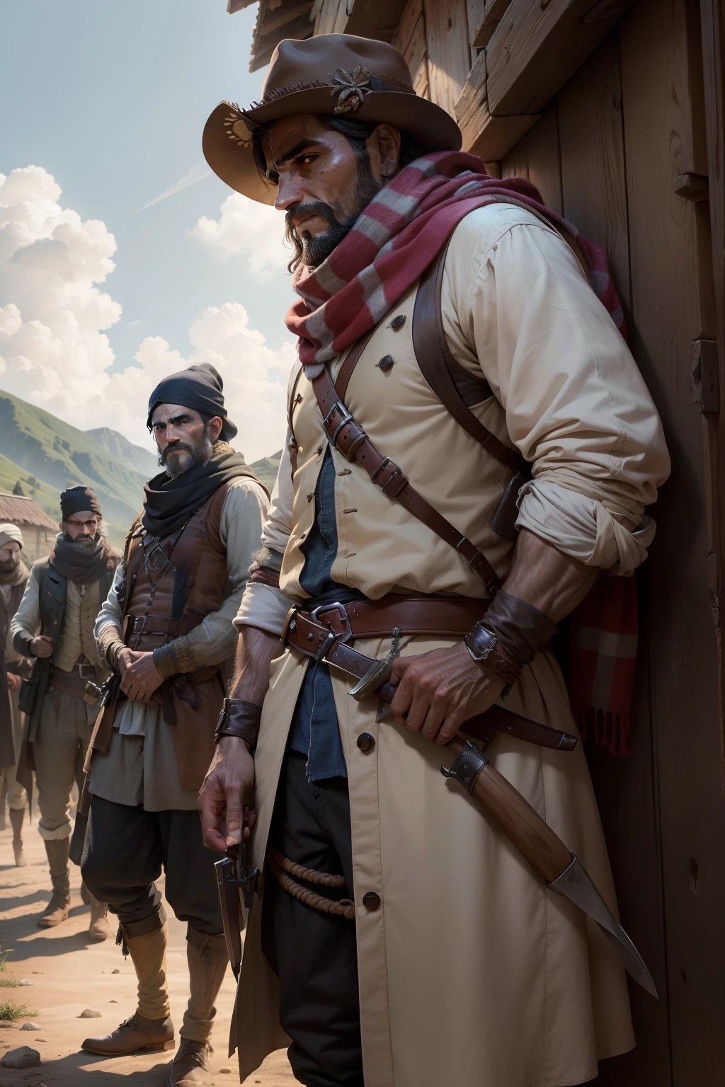 French bandits of the seventeenth century. Rustic men of rural appearance, suja e maltrapilha, wearing rough clothes and scarves on his face, armed with agricultural tools, pistolas e espadas