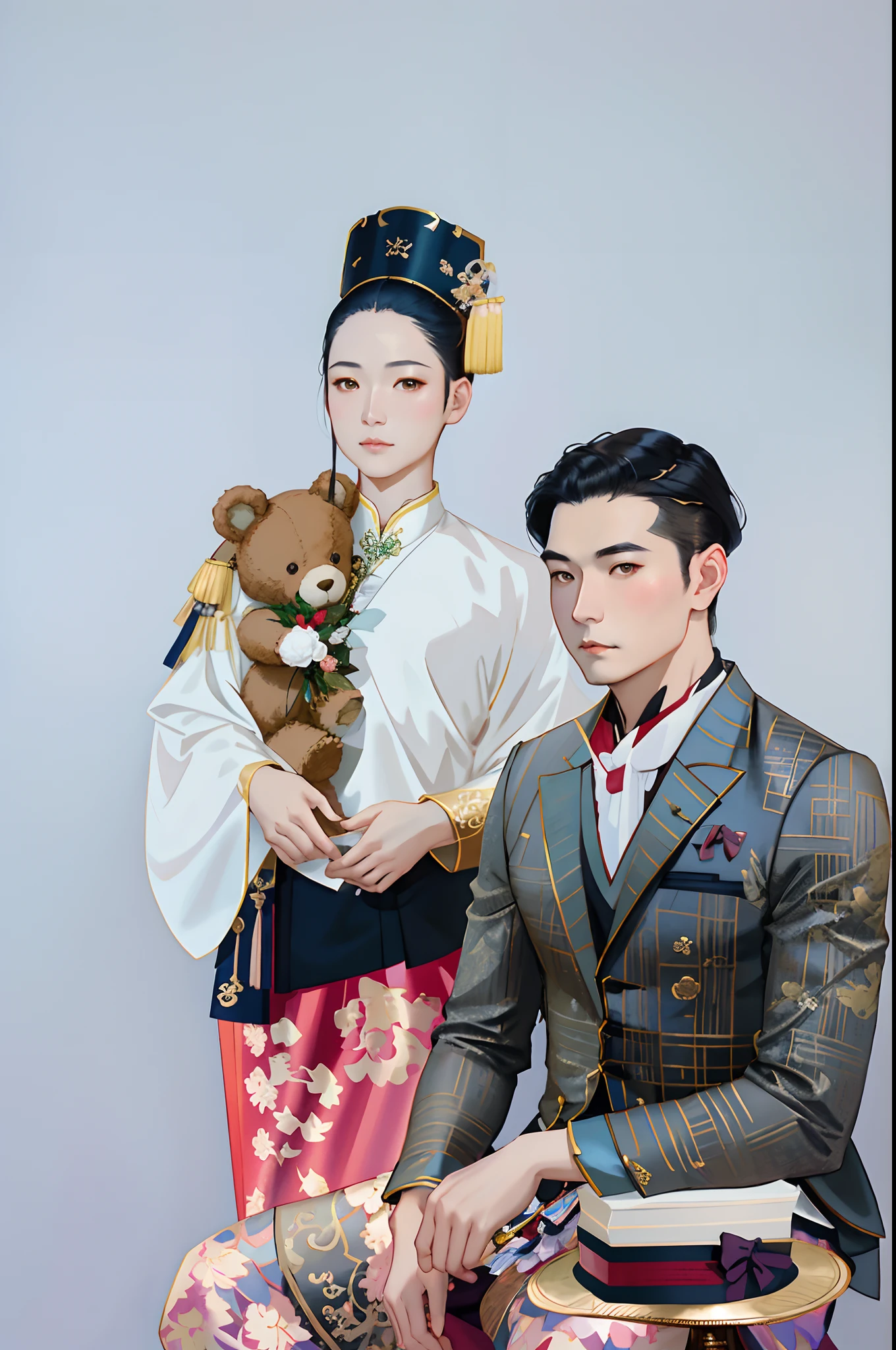 they are two people posing for a picture with a teddy bear, roberto ferri and ruan jia, with acient chinese clothes, in style of lam manh, catalog photo, ruan jia and brom, in style of thawan duchanee, sukhothai costume, promotional still, promotional shot, greg rutkowski ruan jia, promotional image