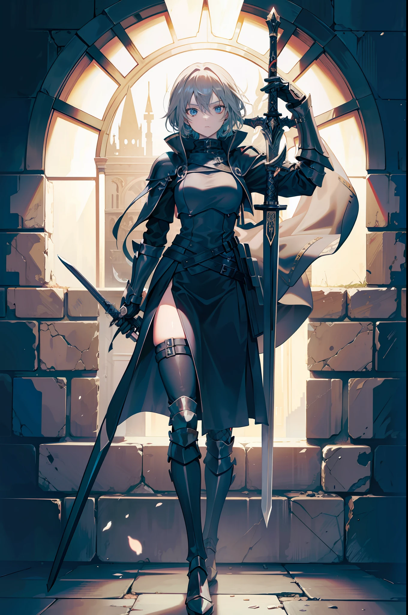 "Female knight in a black coat, holding a sword in one hand, battling in a detailed and high-resolution artwork with an anime-inspired and modern art style."