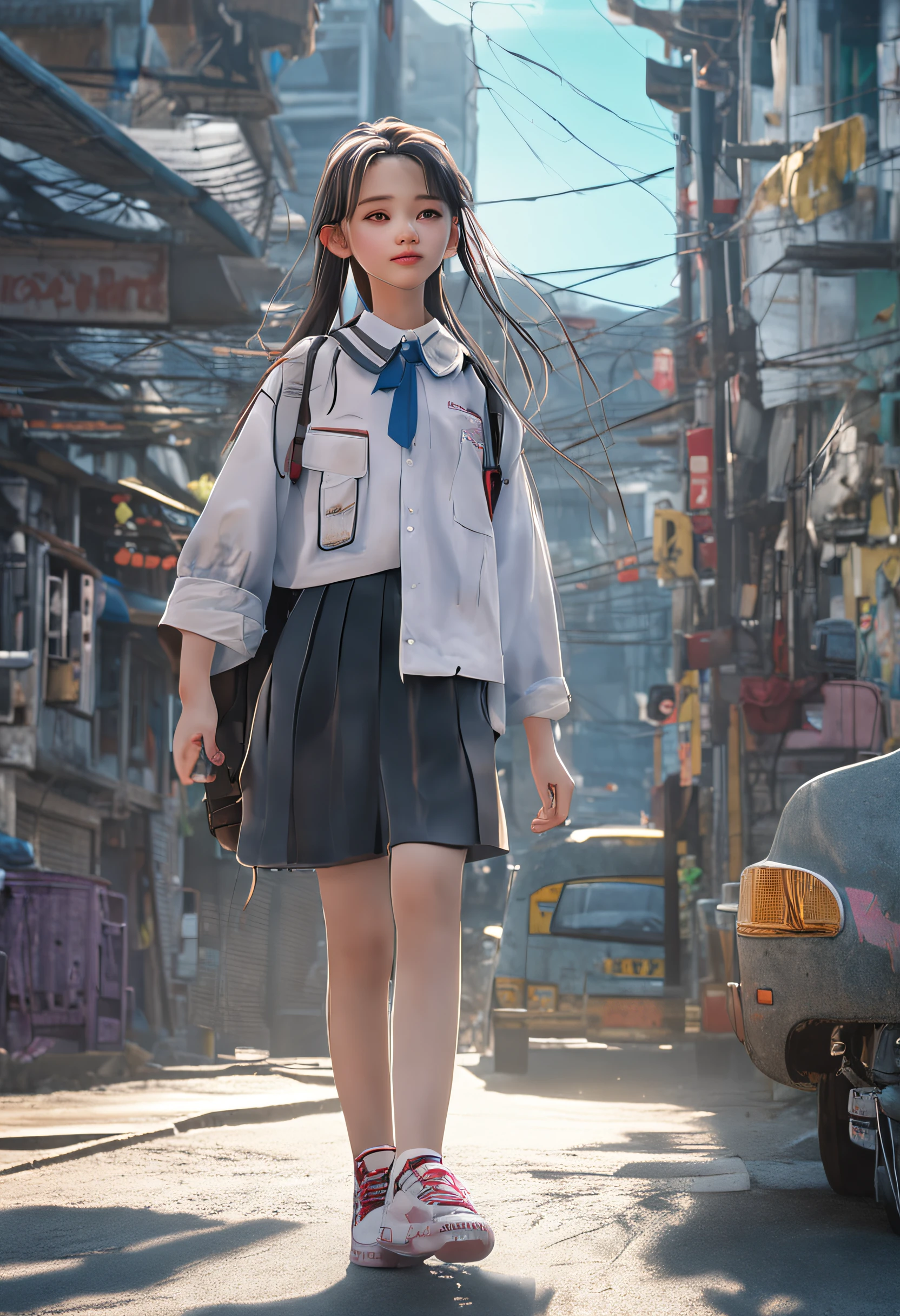 "Image quality: 8K (Best quality scales: 1.2), Artistic style: Realistic, Realistic factor: 1.37, Clarity: hyper HD, subject: Teenage girl (16 yaers old) back,  damp hair, context: In the huge Dalsefo,Neon color, Pleasant smile, Korean white school uniform