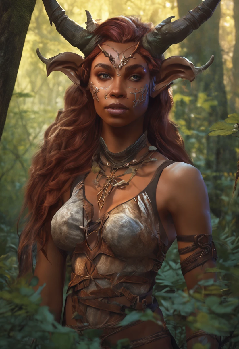 Woman with horns and bra in the woods, The Attractive Druid Tiefling, The alluring druid Tiefling, epic fantasy art style, epic fantasy art style hd, detailed digital 2d fantasy art, detailed fantasy art, portrait of an elf queen, epic fantasy style art, epic fantasy digital art style, fantasy art style, digital 2d fantasy art