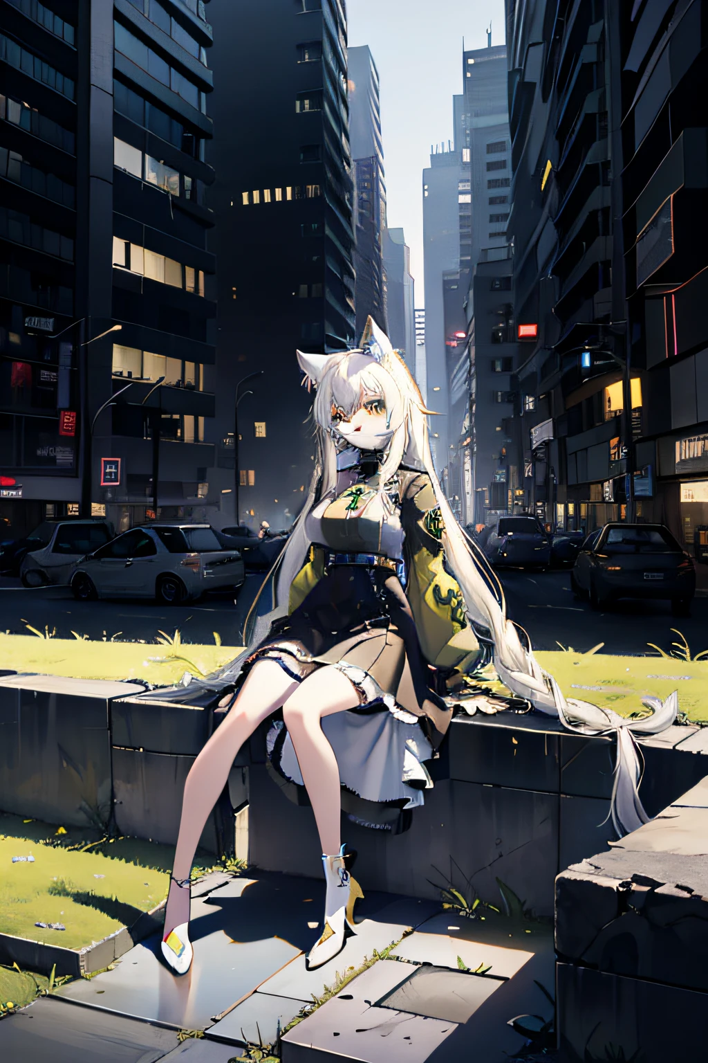 long white hair,The eyes are one yellow and one green,femele,Adults,Sit on the lawn,The clothes are more cyberpunk,The background is an abandoned city,Has cat ears