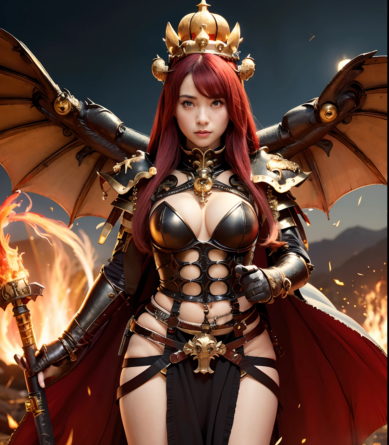 (masutepiece), Professional , masterpiece、top-quality、photos realistic , depth of fields (Dragon Black Metal Body:1.9),(Matte Black、(cleavage of the breast)、Dragon Gold Weapon、(bikini-armor),Gorgeous gold weapons ,(( Dragon's dense and gorgeous sword)) , Beautiful knife ,warhammer 40k , adepta sororitas,Detail and gorgeous crown、((Red hair))、(Castle background)、The dragon、((Gangle's forest background))、Beautiful Caucasian beauty、(1a person)、dynamic ungle,(((Detailed and ornate Black Devil Crown)))、Smaller head、Strange smile、Castle background、Thin and beautiful female hands、cleavage of the breast、Soldier in iron armor on background、Mystical expression、Light Effects、intense fighting、Wind-effect、magic circles、With the legendary magic wand、(demonic wings)、