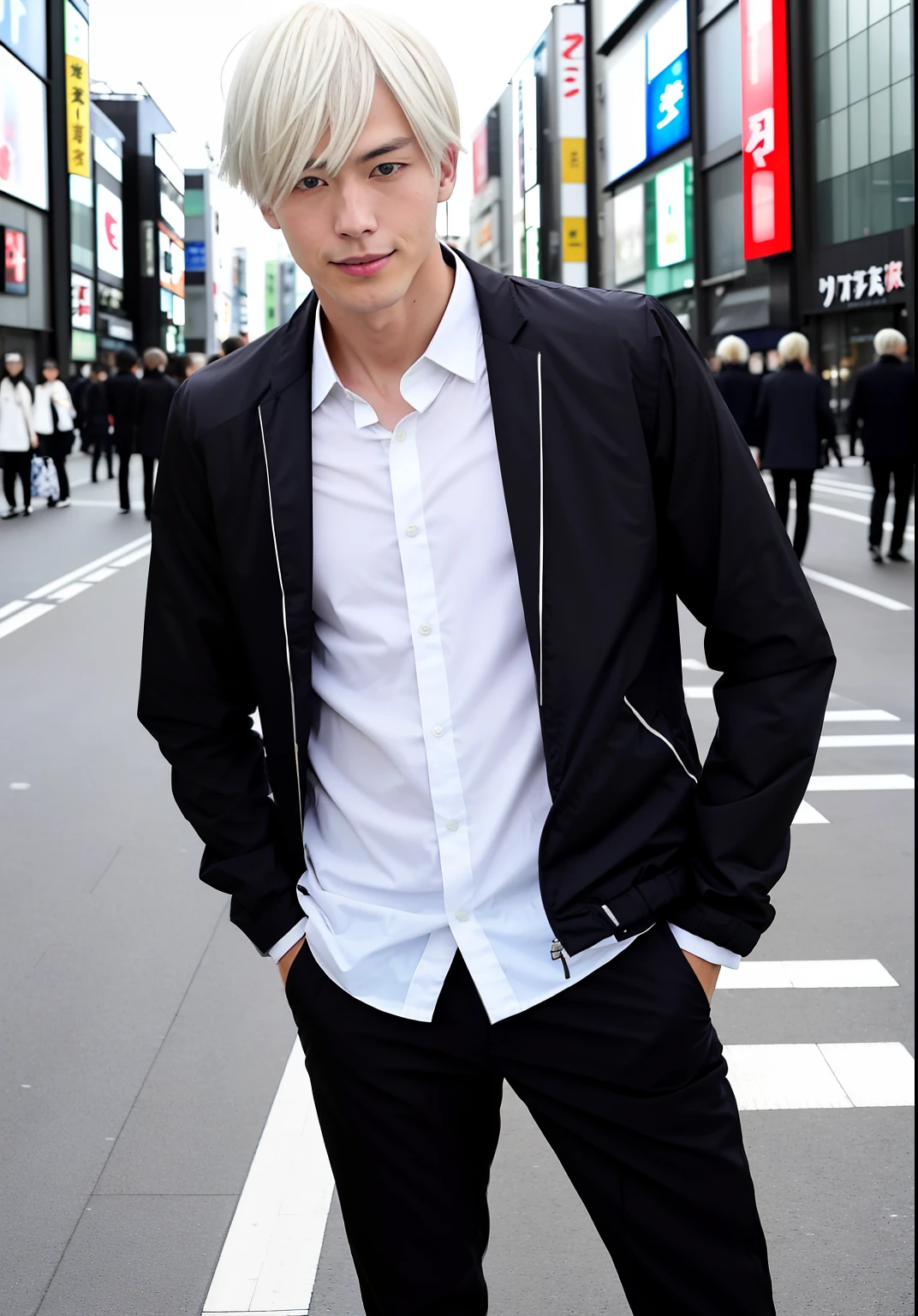 Realistic, real life looking person, Japanese, tall, young man with white hair and striking blue eyes with a cross-shaped pattern in them. He often wears a black high-collared jacket, black pants, and black shoes. standing in shibuya tokoyo japan,and his overall appearance exudes an air of confidence and charisma.