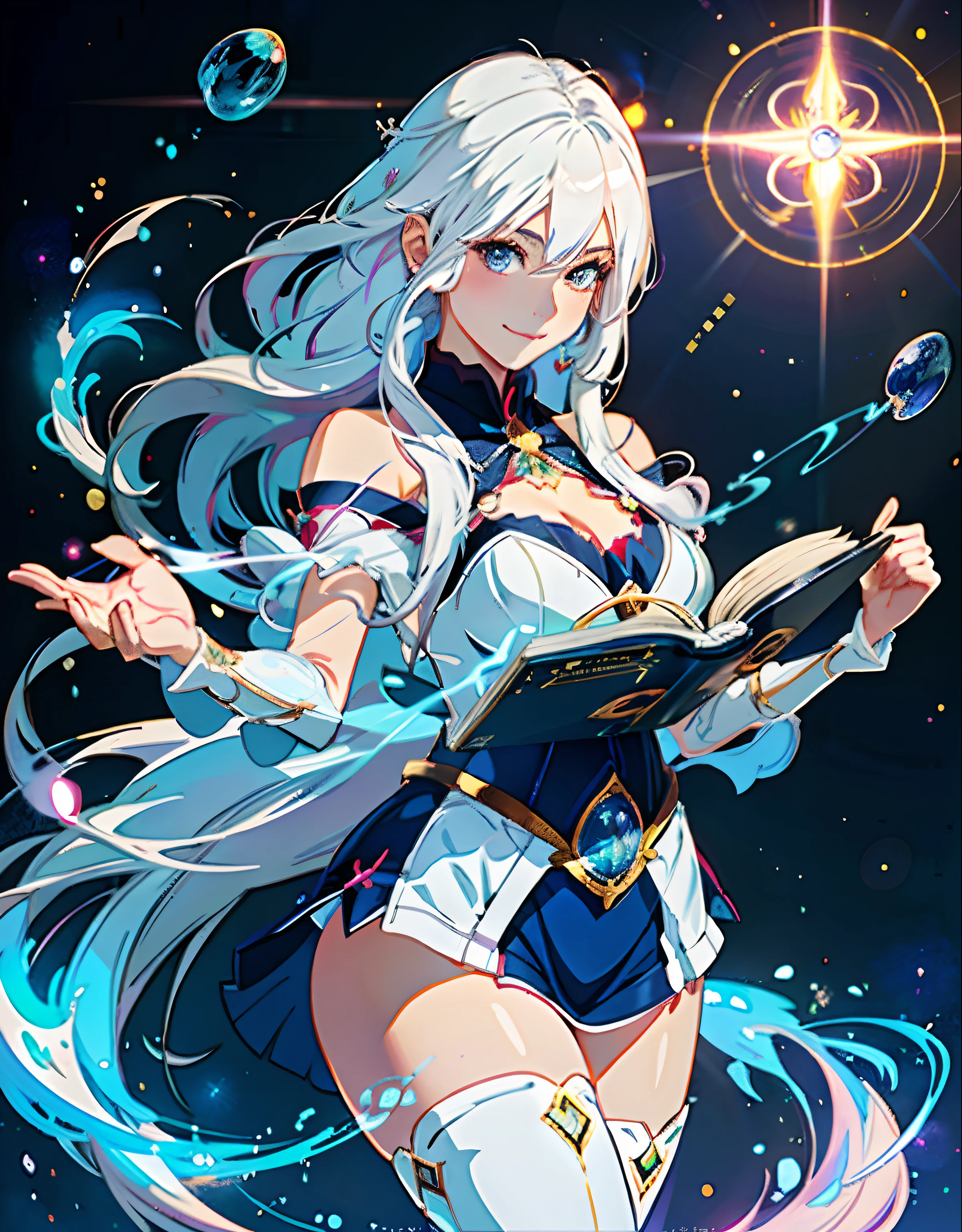 a smile、Anime girl with white hair and blue eyes holding a book, beautiful celestial mage, flirty anime witch casting magic, Seductive Anime Girl, artbook artwork, beautiful sorceress, beautiful alluring anime woman, Very detailed ArtGerm, rossdraws cartoon vibrant, beautiful sorceress, digital anime illustration, rossdraws 2. 5, digital art on pixiv