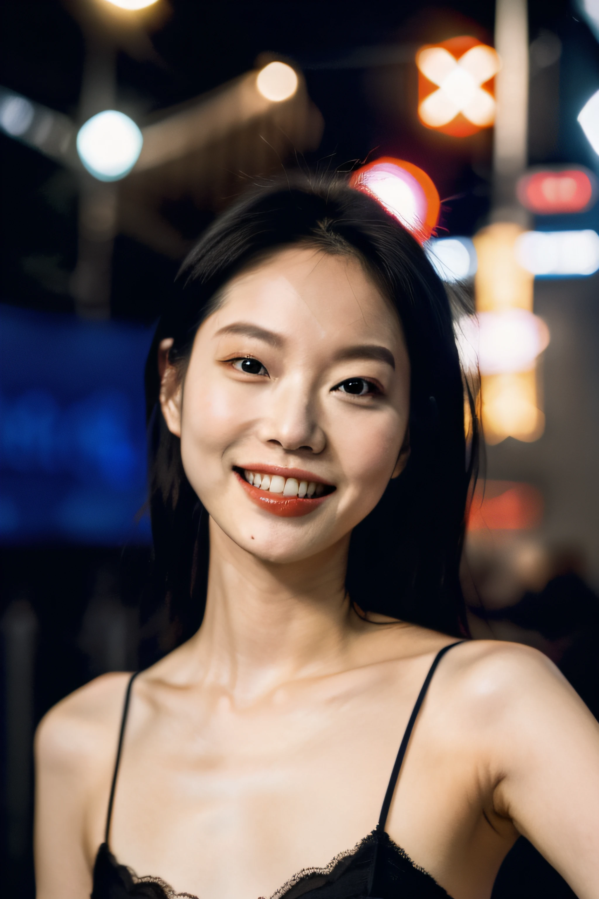 1girl, idol, model, depth of field, photo, film, face, skinny, smile, collarbone,  teeth, movie, camisole, selfie, night,