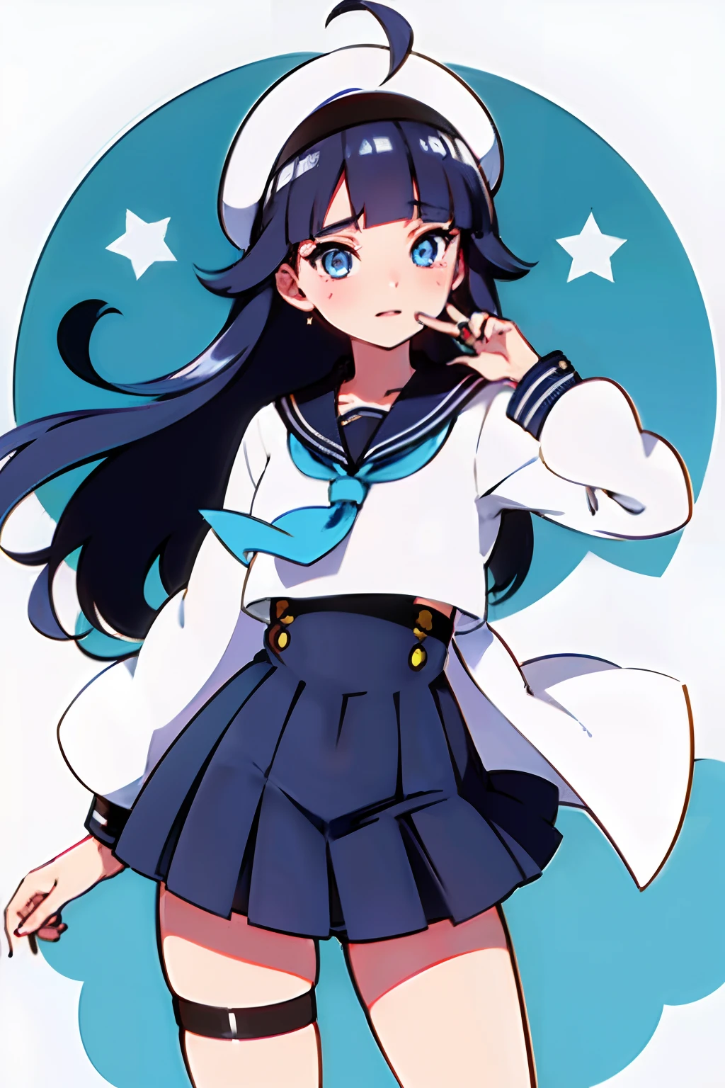 sailor girl with stars on her chest and a sailor hat, anime moe artstyle, azur lane style, kantai collection style, himawari uzumaki fanart, with index finger, cute anime waifu in a nice dress, anime style illustration, high quality anime artstyle, anime visual of a cute girl, black - haired mage, blunt bangs, dark blue hair, blue eyes, long hair
