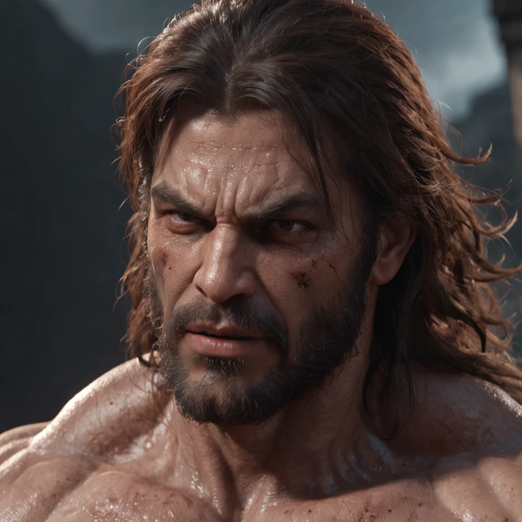 (professional 3d render:1.3) af (Realistic:1.3) most beautiful artwork photo in the world,Features soft and shiny male heroes, ((Epic hero fantasy muscle man rough wet hero angry look long hair short beard and ferocious expression in dynamic pose, Fantastic location, Majestic cluttered environment)), full body 8k unity render, action shot, skin pore, very dark lighting, heavyshading, Detailed, Detailed face, (vibrant, photograph realistic, Realistic, Dramatic, Dark, Sharp focus, 8K), (Old leather garments damaged by weathering:1.4), ((((Wear fur)))), (Intricate:1.4), decadent, (Highly detailed:1.4), Digital painting, rendering by octane, art stations, concept-art, smooth, Sharp focus, illustration, Art germ, (loish:0.23), wlop ilya kuvshinov, and greg rutkowski and alphonse mucha gracias, (Global illumination, Studio light, volumettic light), heavy rain, particles floating, lotr, fantasy, elf, full bodyesbian, ((Dark and ancient city background:1.3)),CGSesociety,art stations