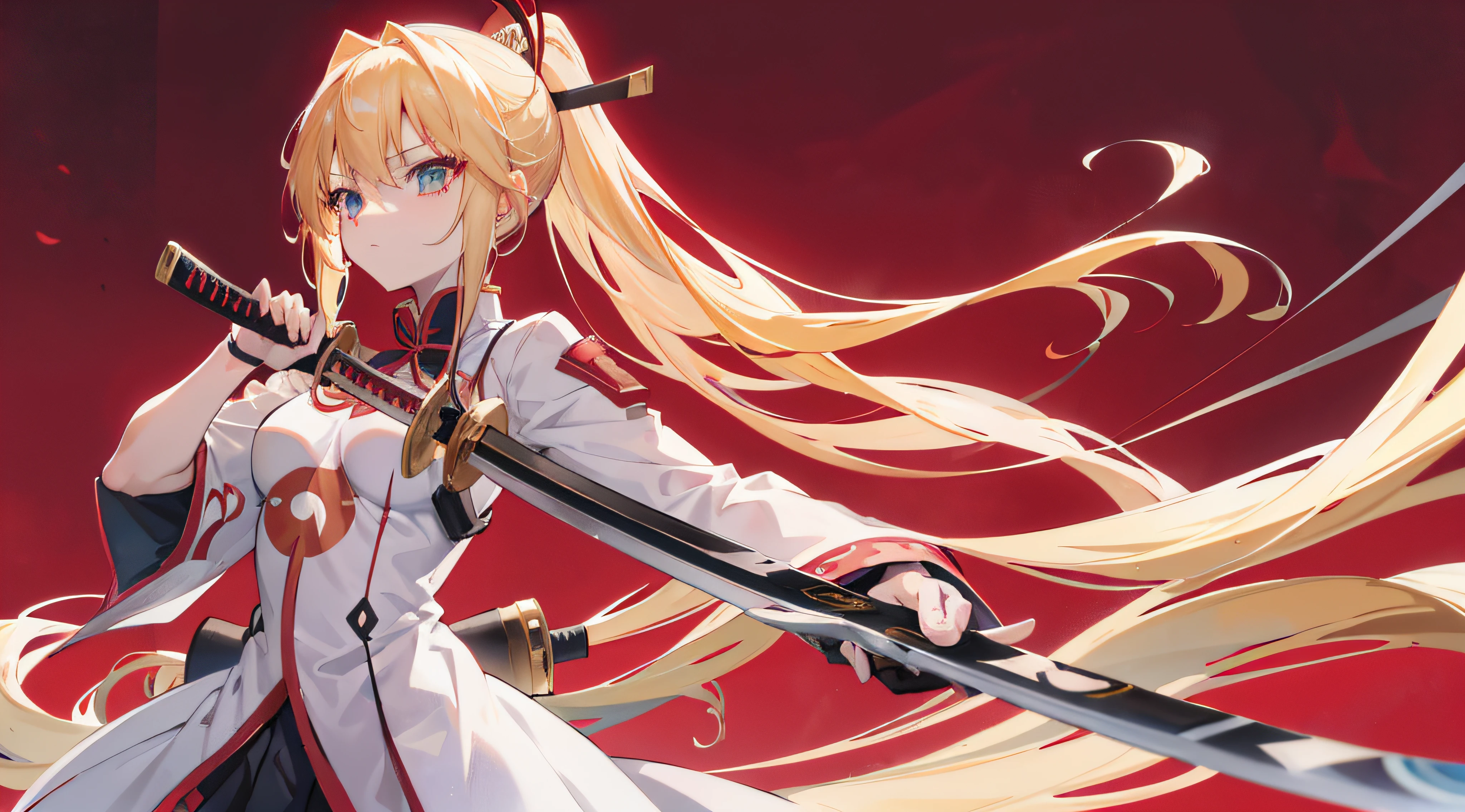 anime girl with long blonde hair holding a sword in front of a red background, blonde anime girl with long hair, zero two, anime style like fate/stay night, anime girl with long hair, sougo okita, junko enoshima, she is holding a katana sword, she is holding a sword, ufotable art style, female anime character,UHD, retina, masterpiece, ccurate, anatomically correct, textured skin, super detail, high details, high quality, award winning, best quality, highres, HD, 4K, 8k, 16k