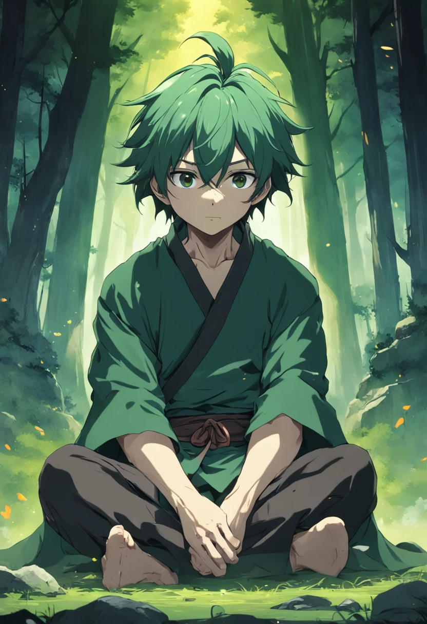 Anime,2d, cabelo verde, Adulto, 20 anos, guerreiro, fazendeiro, pobre, medieval , sorrindo, graves, triste foco no rosto, homem, melhor qualidade, obra prima, 8k, 32k