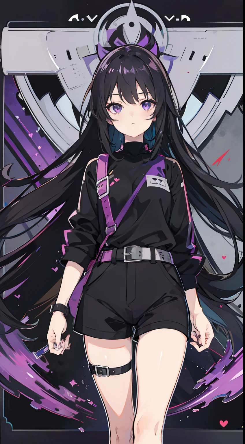 Anime girl, medium-long black hair, black and purple shirt, black shorts with black belt, black heart leg strap