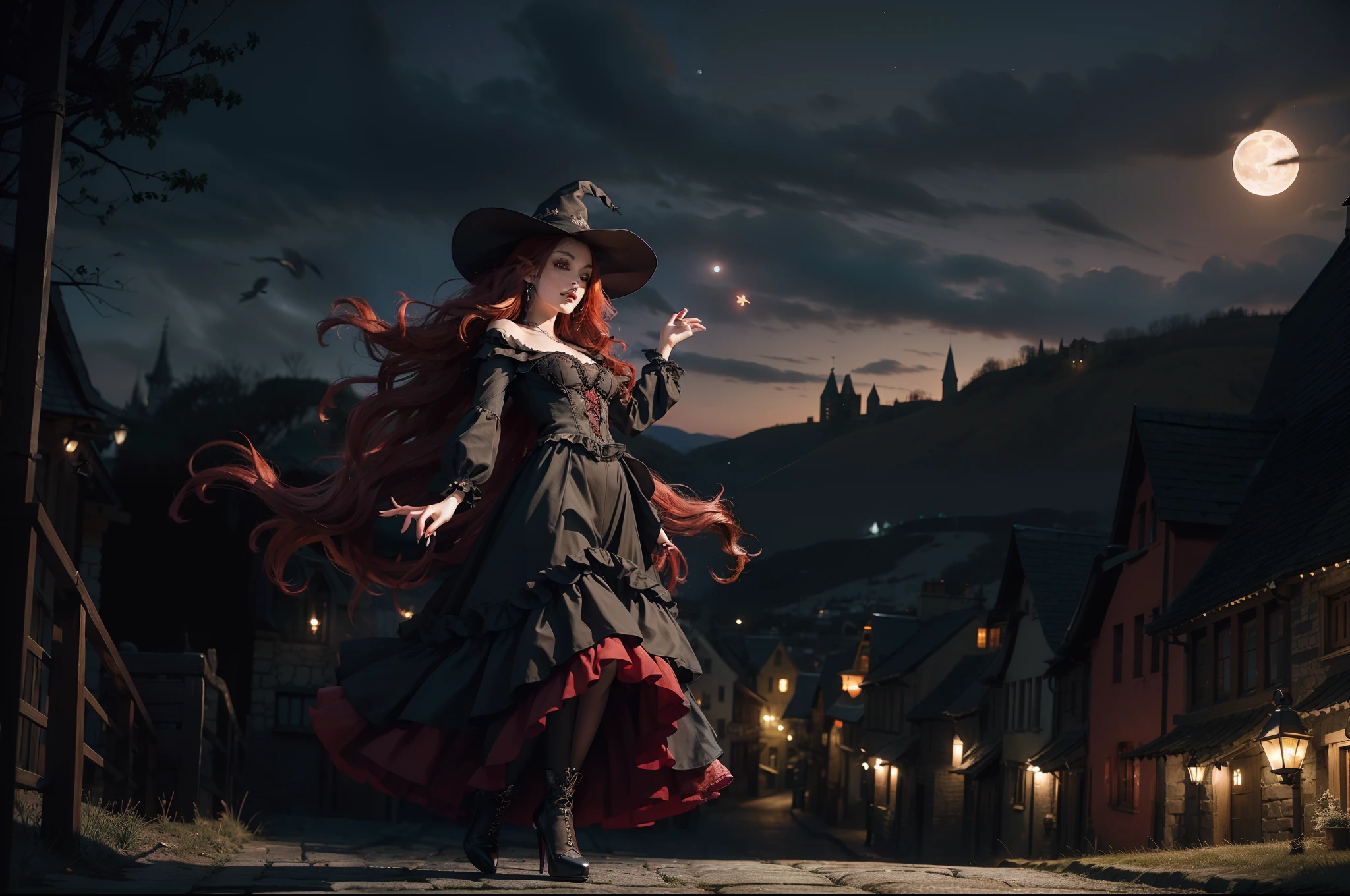 A witch flying high on a broom. She wears a ponty hat, multilayered dress in dark colors, wavy messy red hair, gothic make-up. Full Moon night, medieval town as background. Illuminated by moonlight and lamps in the town.