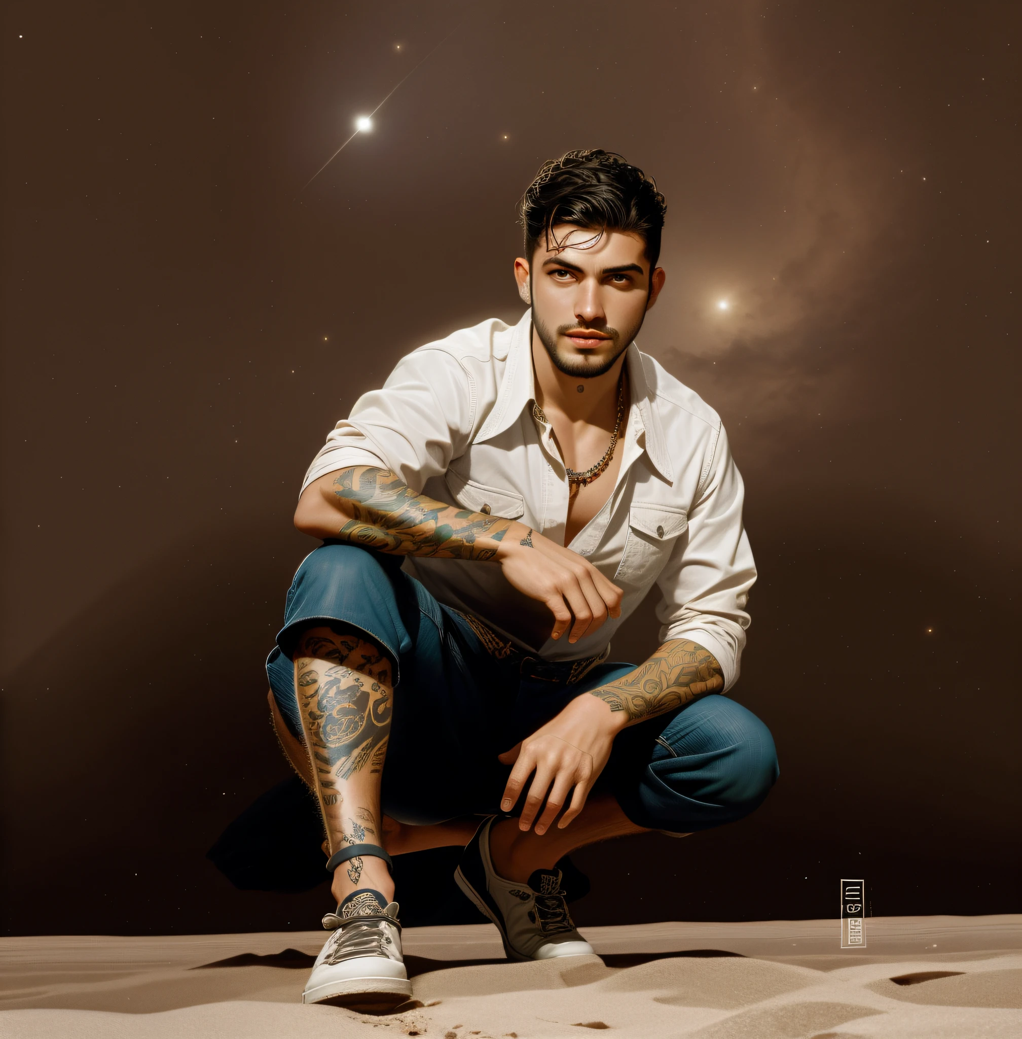 Homem bonito de cavanhaque, sentado na lua, in the space, Raphael Personnaz, Diego Dayer, inspirado em Carlos Berlanga, andrew gonzalez, Cristiano Orrillo, Estilo de Seb McKinnon, Coberto, ástor alexander, inspirado em Nathan Oliveira, Darius Zawadzki, homem tatuado, inspirado em Maximilian Cercha, is in a goatee, has tattoo on the neck