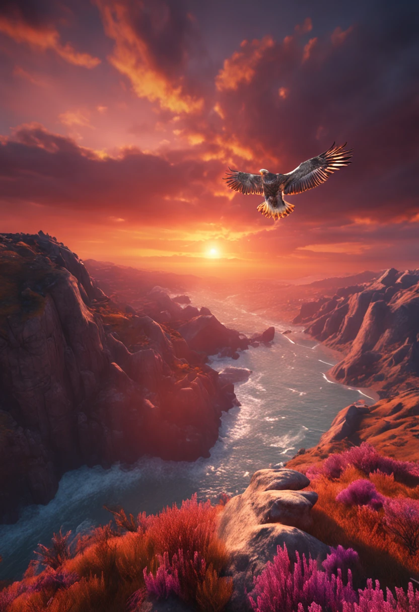 (extremely detailed CG unity 8k wallpaper, masterpiece, best quality), stunning sunset, majestic eagle soaring through the horizon.
