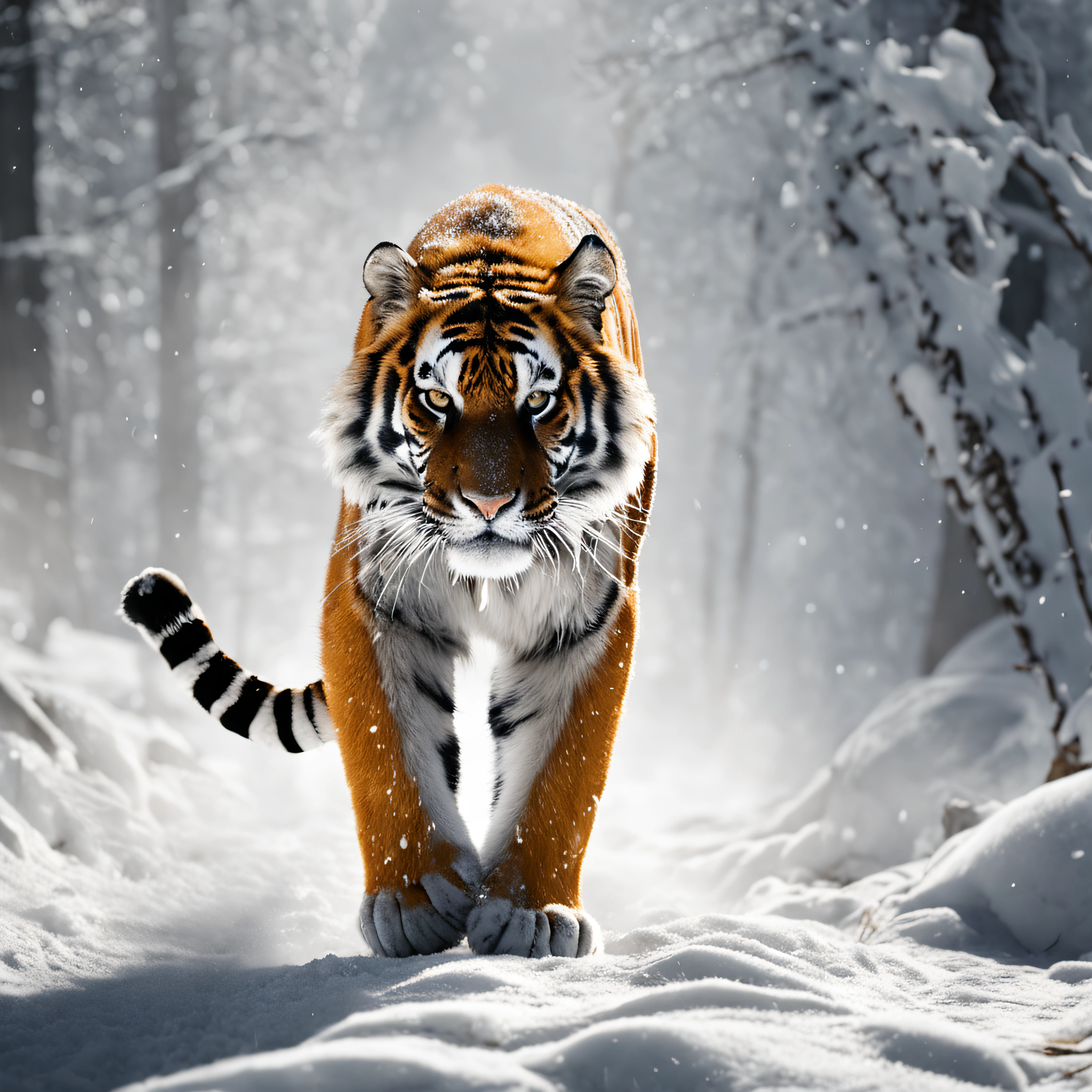 (Masterpiece, CGI, High resolution, Photo-realistic:1.3), A majestic tiger walking through a snowy landscape, snowflakes gently falling around it, (thick white fur with black stripes:1.2), piercing (amber eyes:1.2) fixed directly on the camera, (steaming breath:1.1) in the chilly air, (determined expression:1.1), powerful paws leaving deep imprints in the snow, (glistening ice crystals:1.2) on its whiskers, (intense gaze:1.2), vibrant orange fur against the snowy backdrop, (frozen trees:1.1) in the background, (subtle sunlight peeking through clouds:1.2), (dynamic angle:1.1), (tense and serene atmosphere:1.2), (captivating snowfall effect:1.1), creating a stunning winter scene.