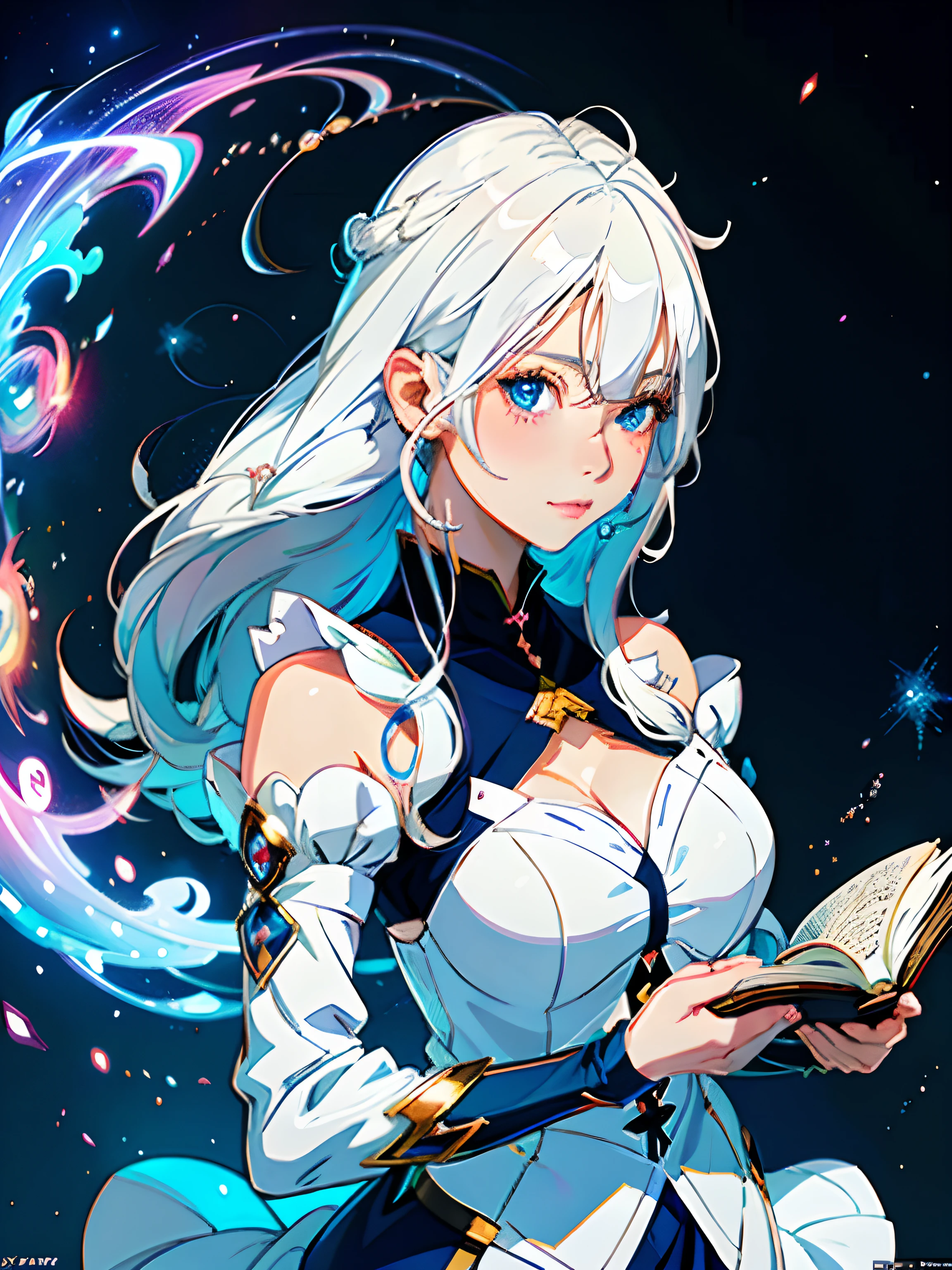 Anime girl with white hair and blue eyes holding a book, beautiful celestial mage, flirty anime witch casting magic, Seductive Anime Girl, artbook artwork, beautiful sorceress, beautiful alluring anime woman, Very detailed ArtGerm, rossdraws cartoon vibrant, beautiful sorceress, digital anime illustration, rossdraws 2. 5, digital art on pixiv