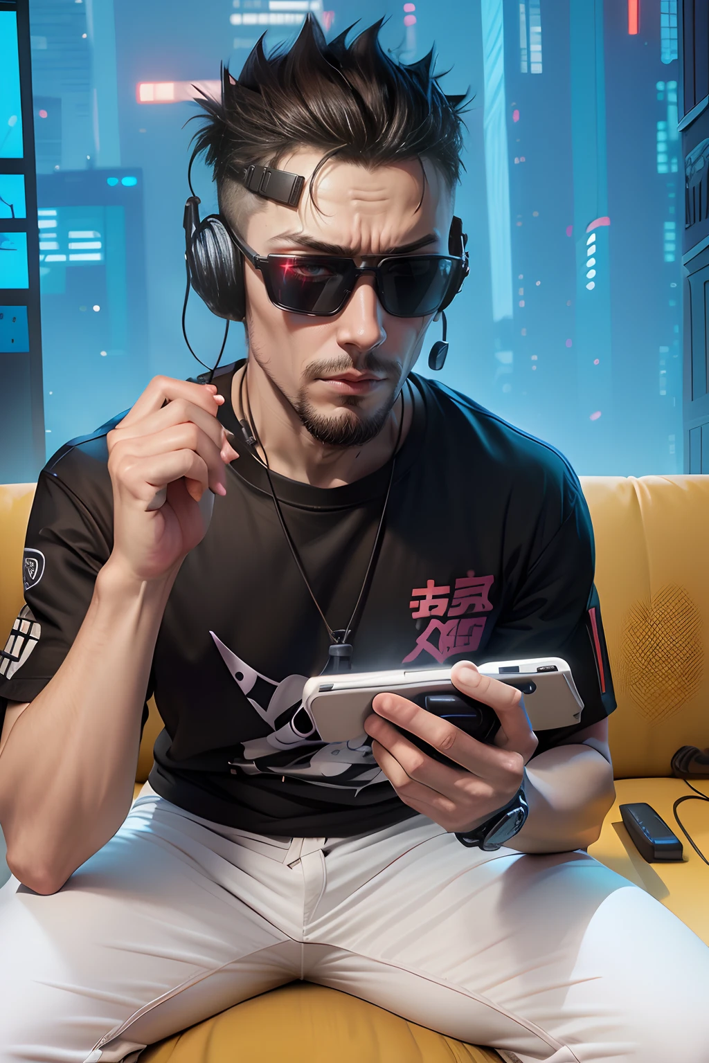 vector t-shirt design ready to print, cyberpunk,wearing over head headphones staring down, side view looking to the right, tokyo Japanese background, pro vector,