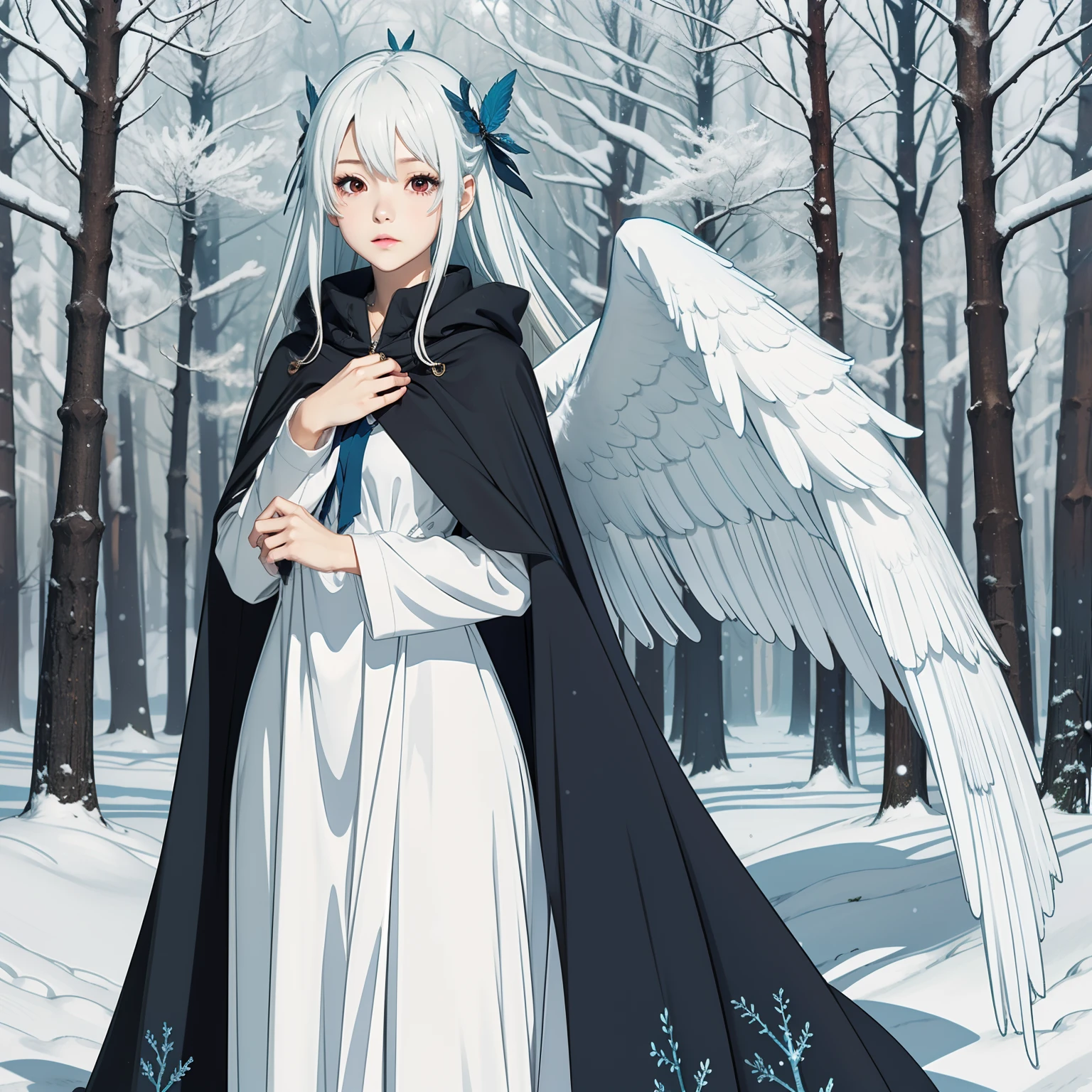 Long white hair,red eye,angel with blue wing,blue long dress,winter forest,cute anime girl,winter cape, mist around her