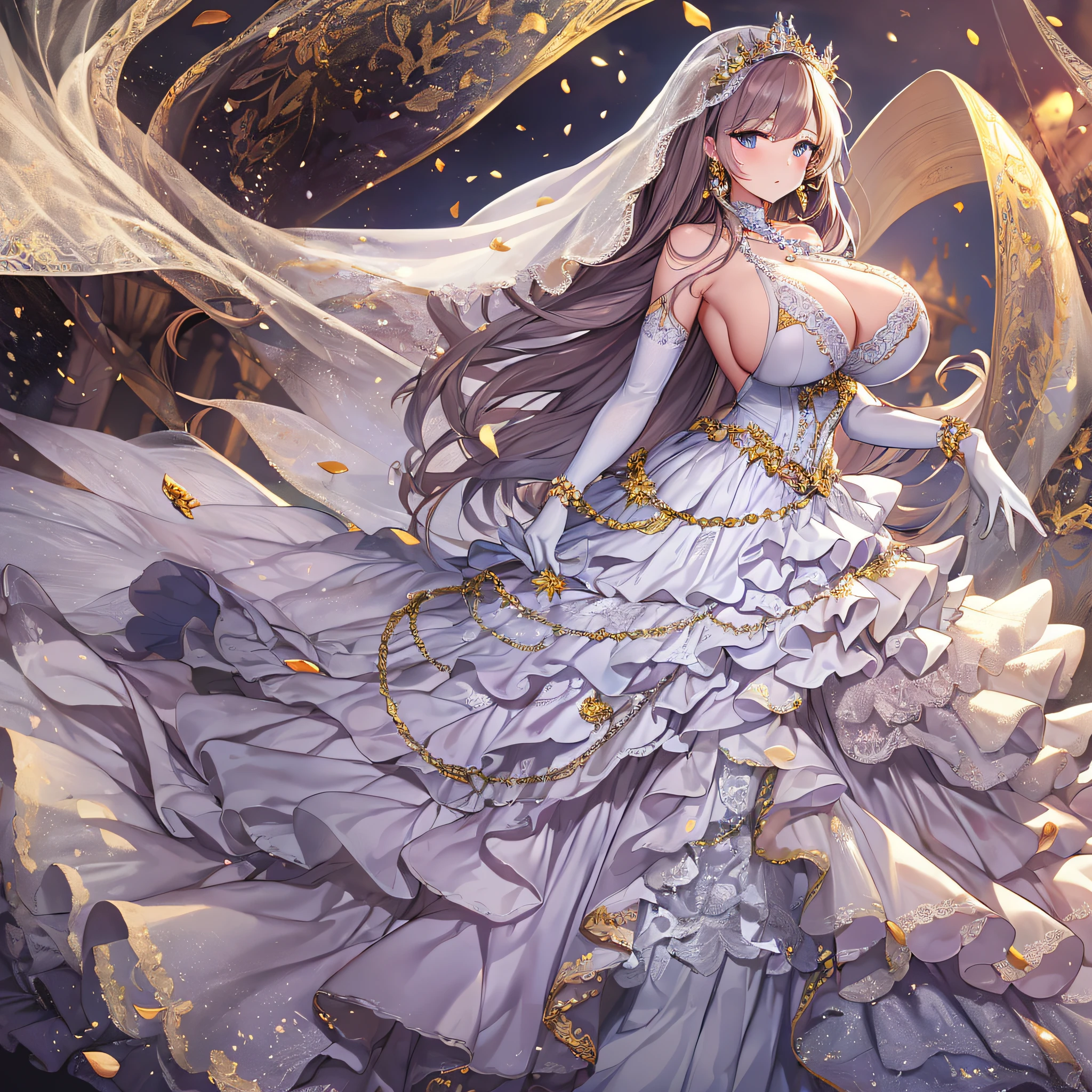 anime artstyle,Best quality, Masterpiece,Solo,full body,1 princess as a royal bride wearing a stately and elaborate royal wedding dress of white satin and tulle adorned with huge ribbon bows,(gigantic tits,Long tits,skindentation),lace, frills,gorgeous embroidery and jewels, with enormous puffed sleeves, an hourglass waist and a voluminous crinoline hoopskirt,long train, long white gloves, pearl necklace and earrings,long wedding veil,(rarge amount of straight hair,extremely Long voluminous Hair)