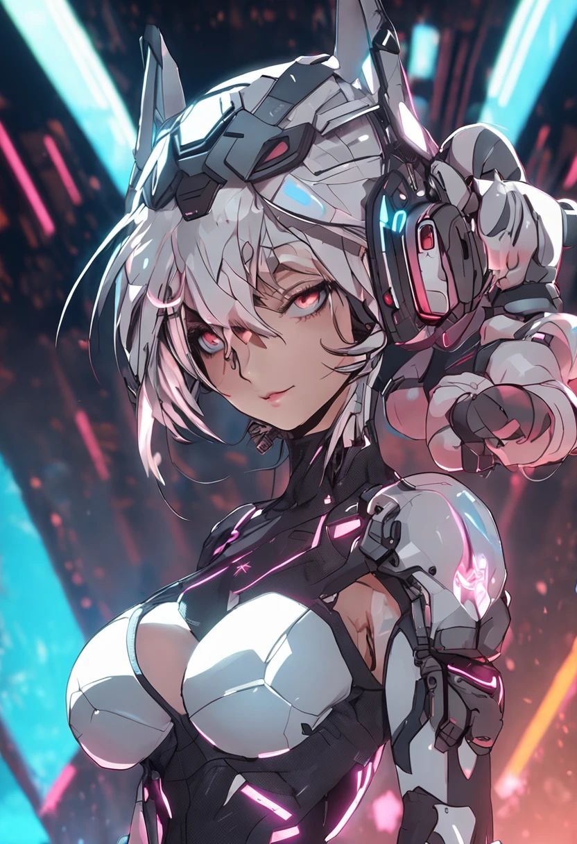 full bodyesbian,Seductive body lines,4k,starryskybackground, pose,whaite hair,Place your hands on your chest,comic strip,cyber punk perssonage,Tactical goggles,Mecha skin,Hanfu costume