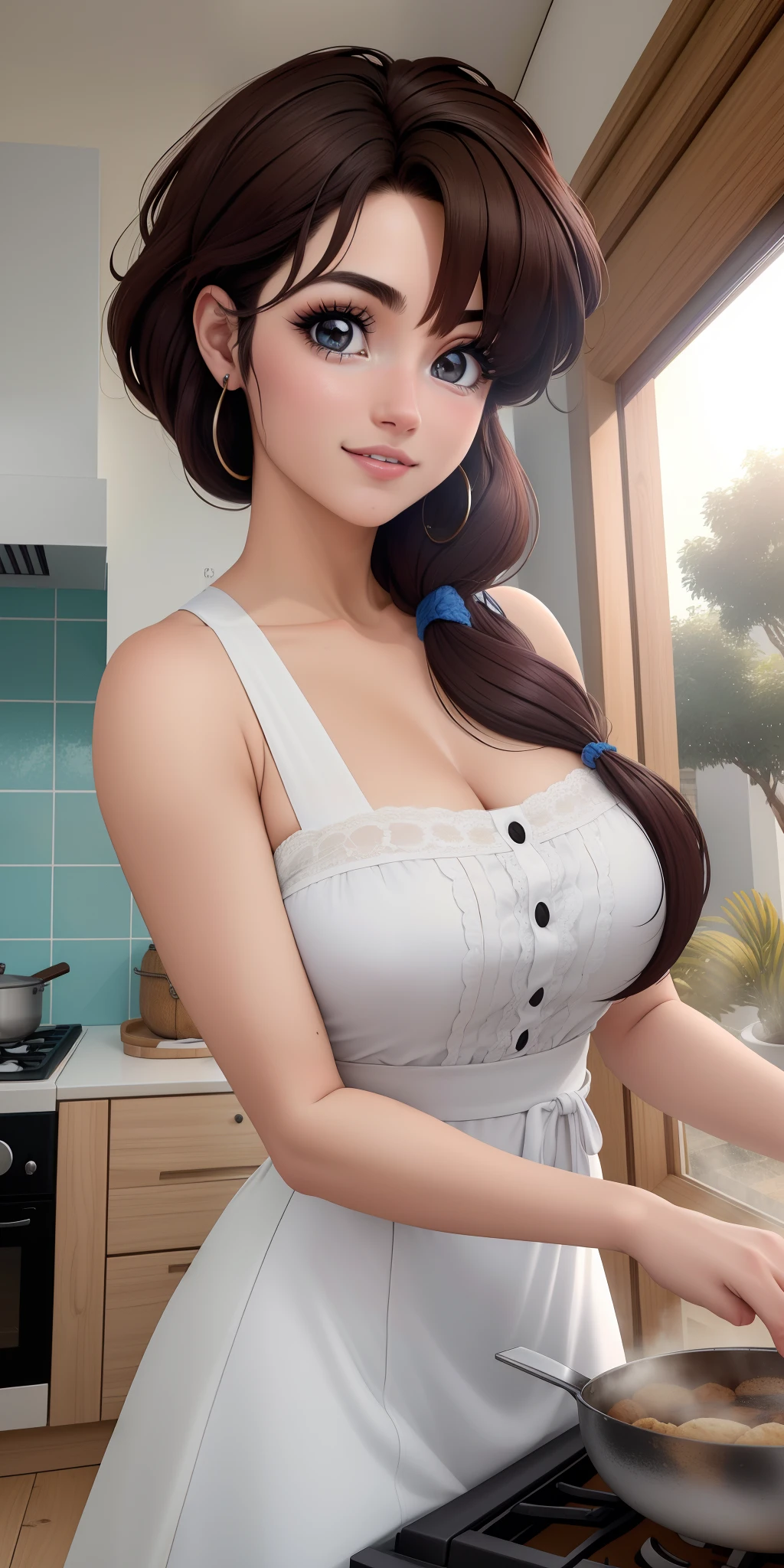 tendou_Kasumi, delantal_Blanco_Volante,vestido, maid,solo delantal, delantal corto,En pie, solamente, senos grandes,, Obra maestra, La mejor calidad, Cara detallada, ojos detallados, Beautiful smiling woman, cara feliz,rubor,Altas Resoluciones,cara hiperrealista, ojos brillantes, ojos detallados,cocina casa japonesa,luz espectacular, motas polvo en el aire,cocinera, cocinando galletas, NSFW, mostrando muslos,ojos hiperrealistas, ojos extremadamente realistas,ojos muy realistas,mirada picarona,mostrando espalda, Insinuating expression,pelo largo recogido,ojos ultra realistas, haciendo galletas, espalda curvada