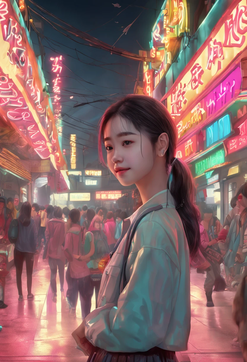 "Image Quality: 8K (Best Quality Scale: 1.2), Artistic Style: Realistic, Photorealistic Factor: 1.37, Clarity: Ultra High Definition, Subject: age Girl (16 yrs old) very beautiful looks, back, Damp Hair, Context: Amidst Colossal Dalsefo,neon color, Pleasant cute Smile, Korean school uniform body fit