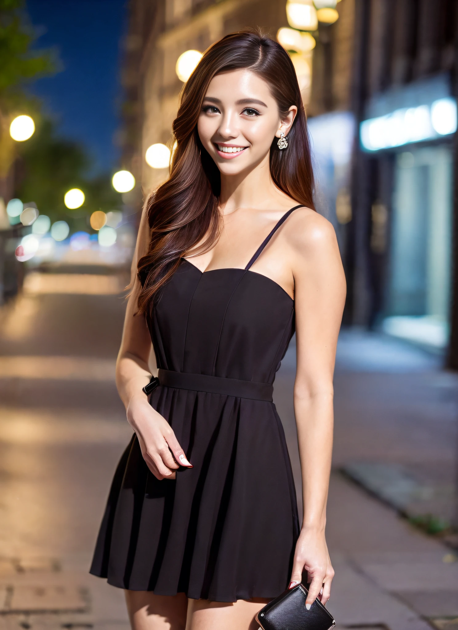 Snapshot of a brunette 20-year-old college student in a small black dress holding a small clutch bag posing on a city sidewalk at night, she has a (radiant smile), she's full of ((excitement)) for a hectic night